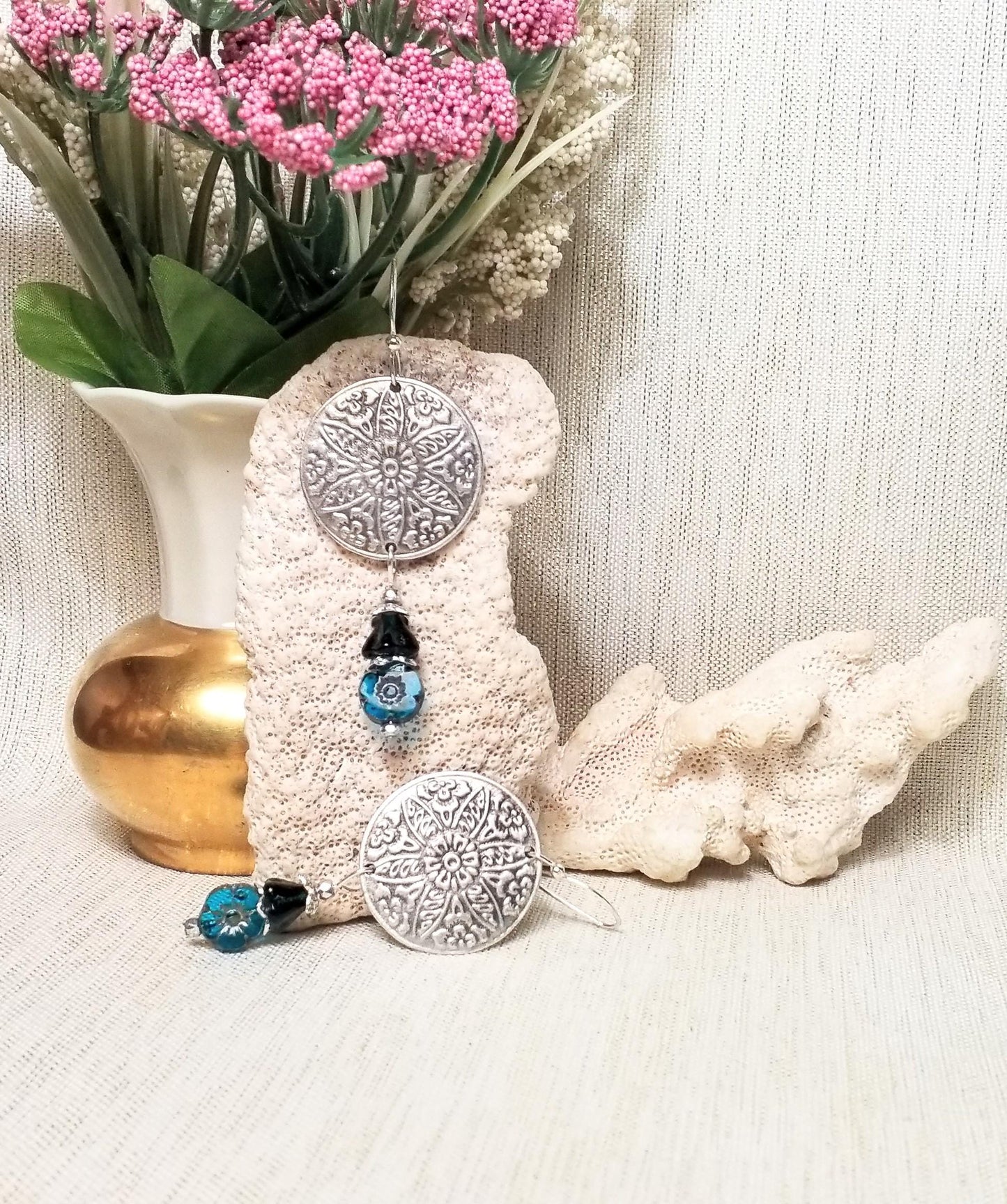 Handcrafted Silver Color Medallion Earrings with Blue Czech Table Cut Flowers FREE Domestic SHIPPING