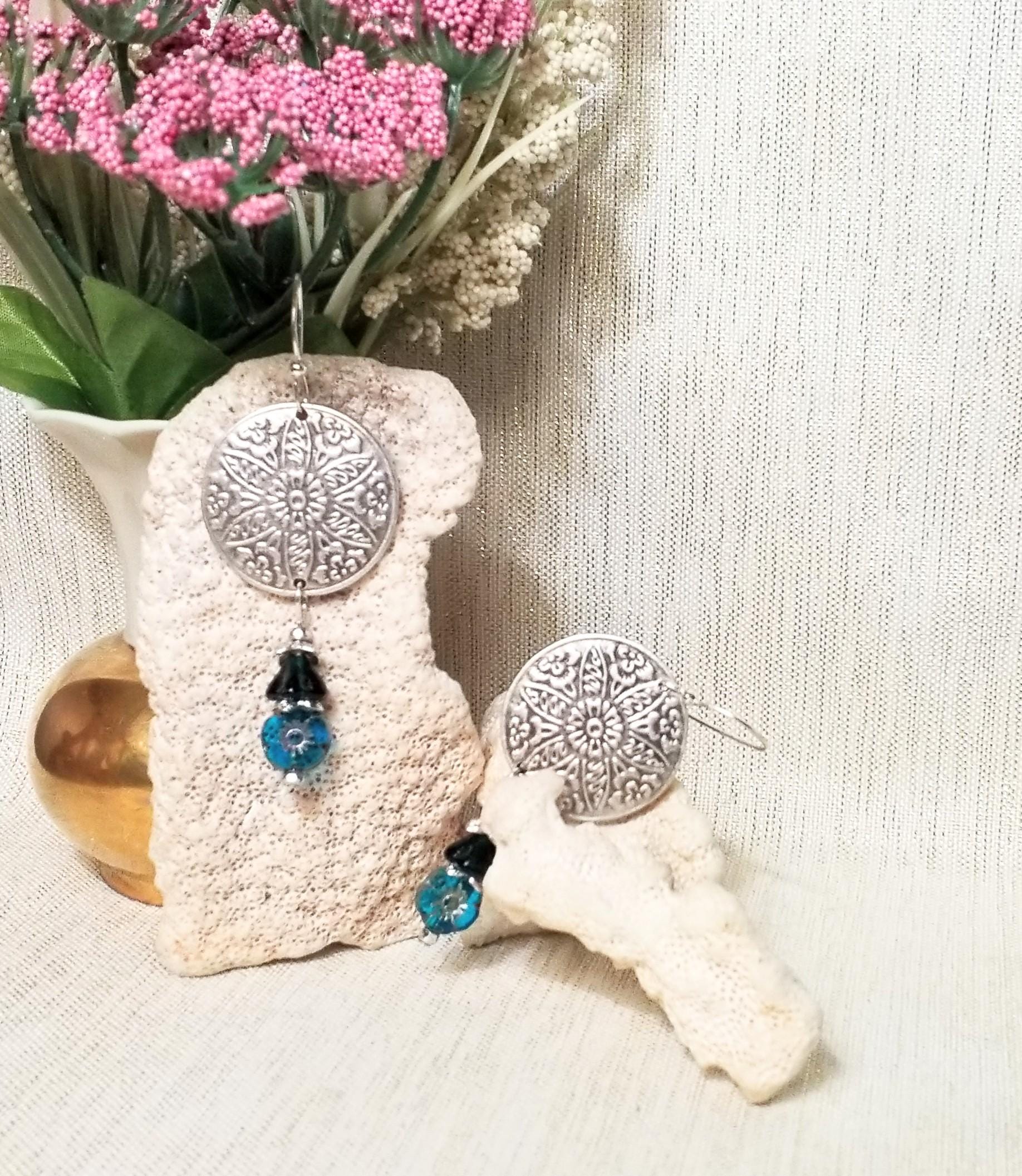Handcrafted Silver Color Medallion Earrings with Blue Czech Table Cut Flowers FREE Domestic SHIPPING