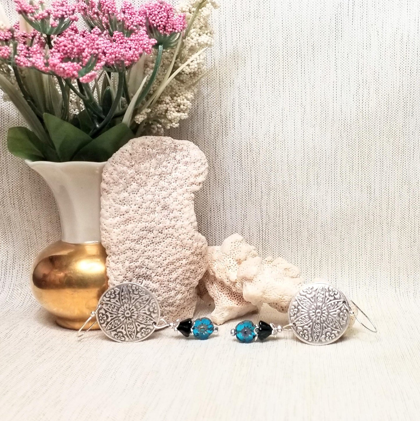 Handcrafted Silver Color Medallion Earrings with Blue Czech Table Cut Flowers FREE Domestic SHIPPING