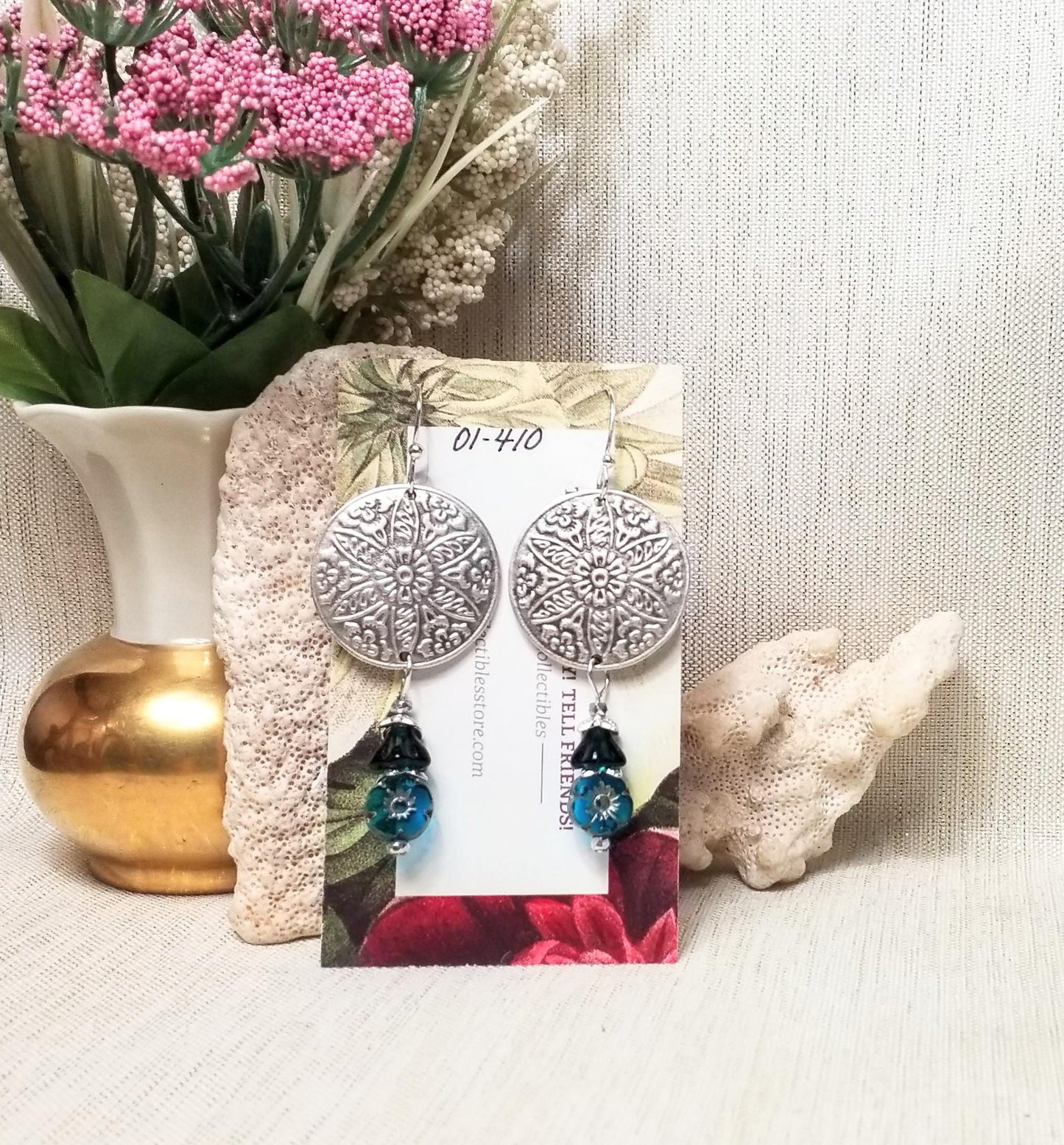 Handcrafted Silver Color Medallion Earrings with Blue Czech Table Cut Flowers FREE Domestic SHIPPING