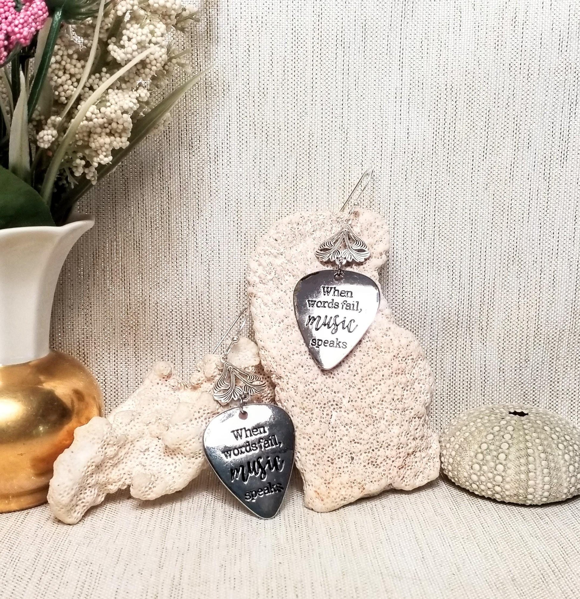 Silver Music Theme Earrings When Words Fail Music Speaks And Always FREE Domestic SHIPPING