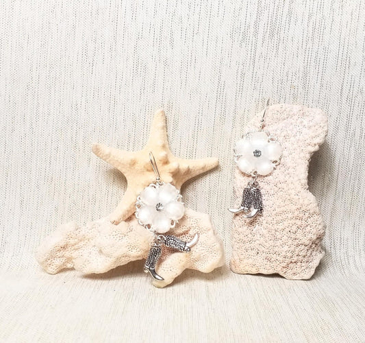 Western Wedding Earrings White Floral Silver Cowgirl Boots Always FREE Domestic SHIPPING