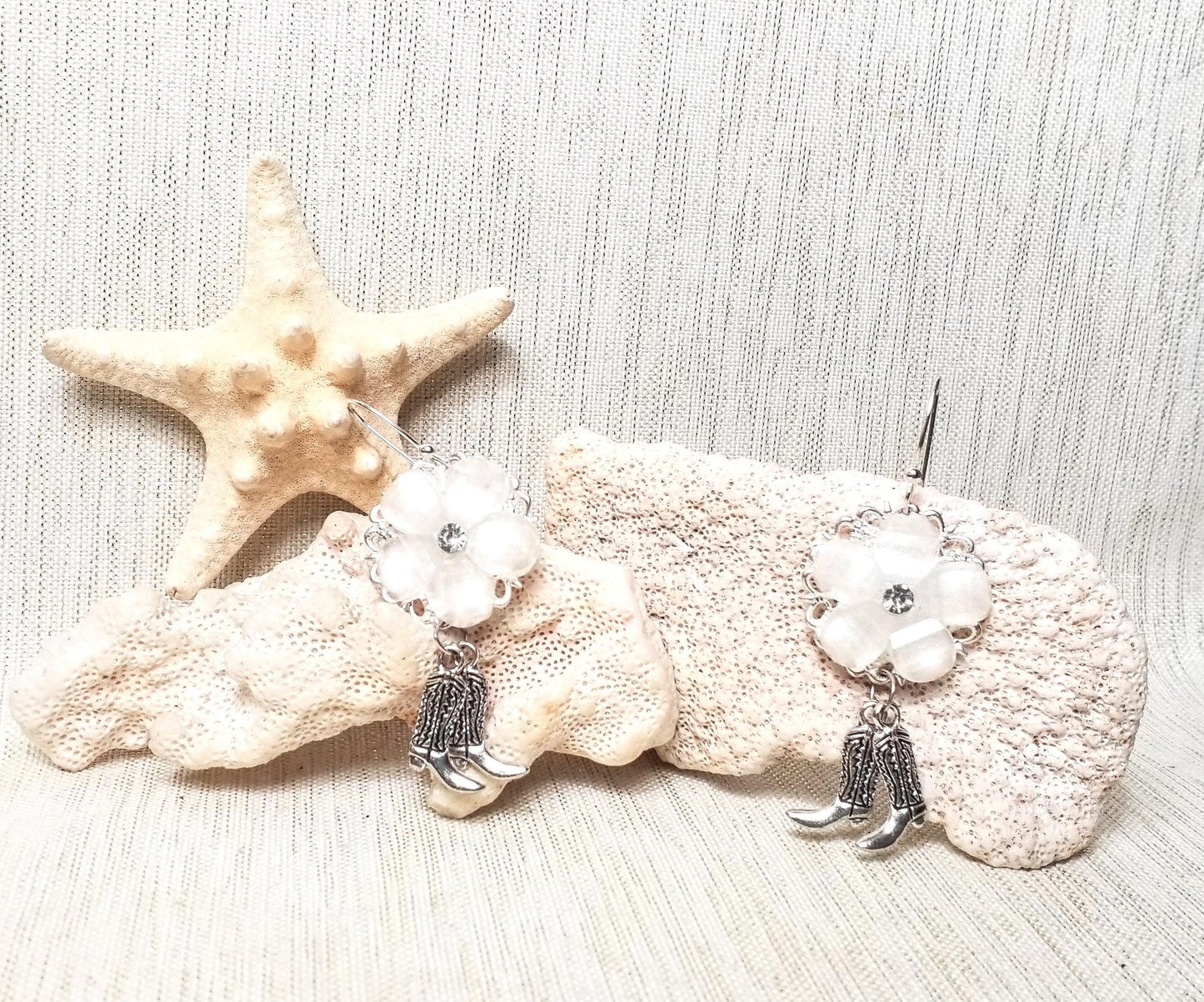 Western Wedding Earrings White Floral Silver Cowgirl Boots Always FREE Domestic SHIPPING