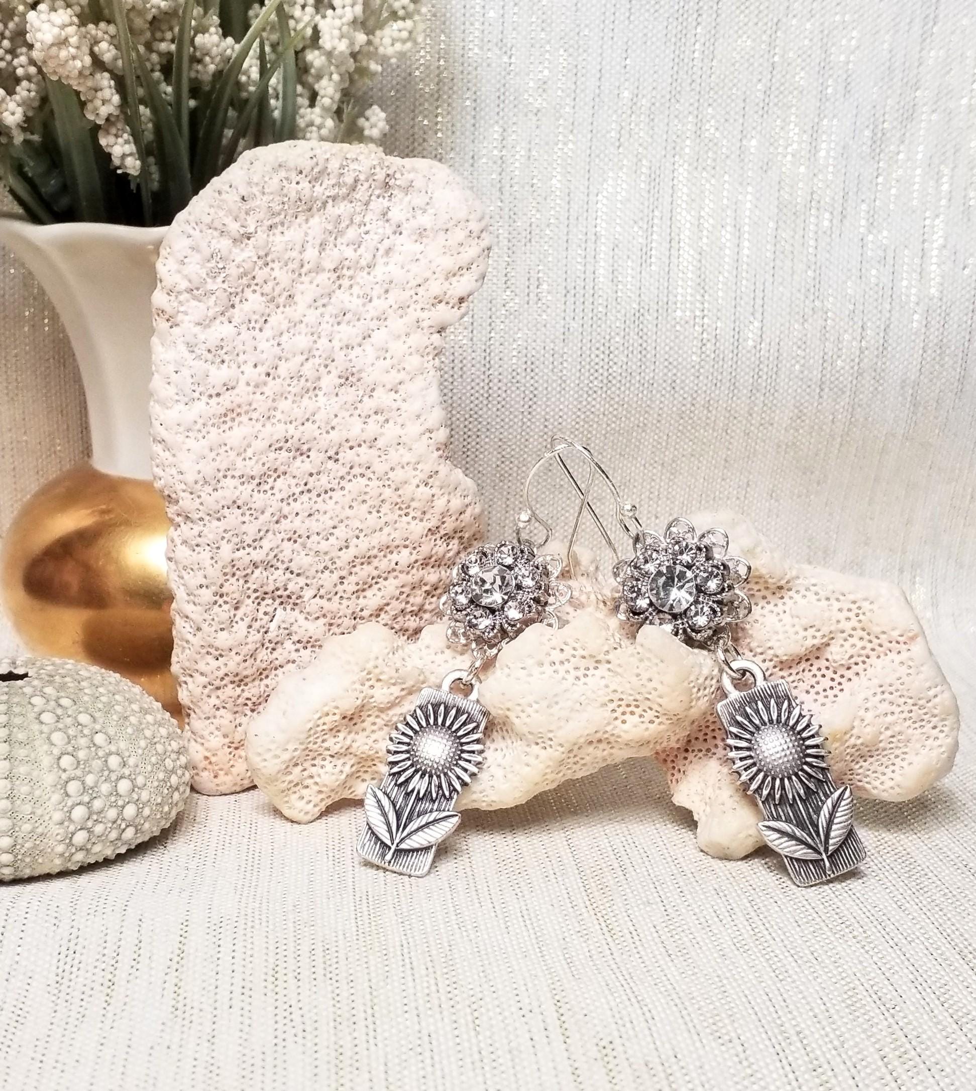 Handcrafted Rhinestone Floral Earrings, Elegant Wedding Jewelry