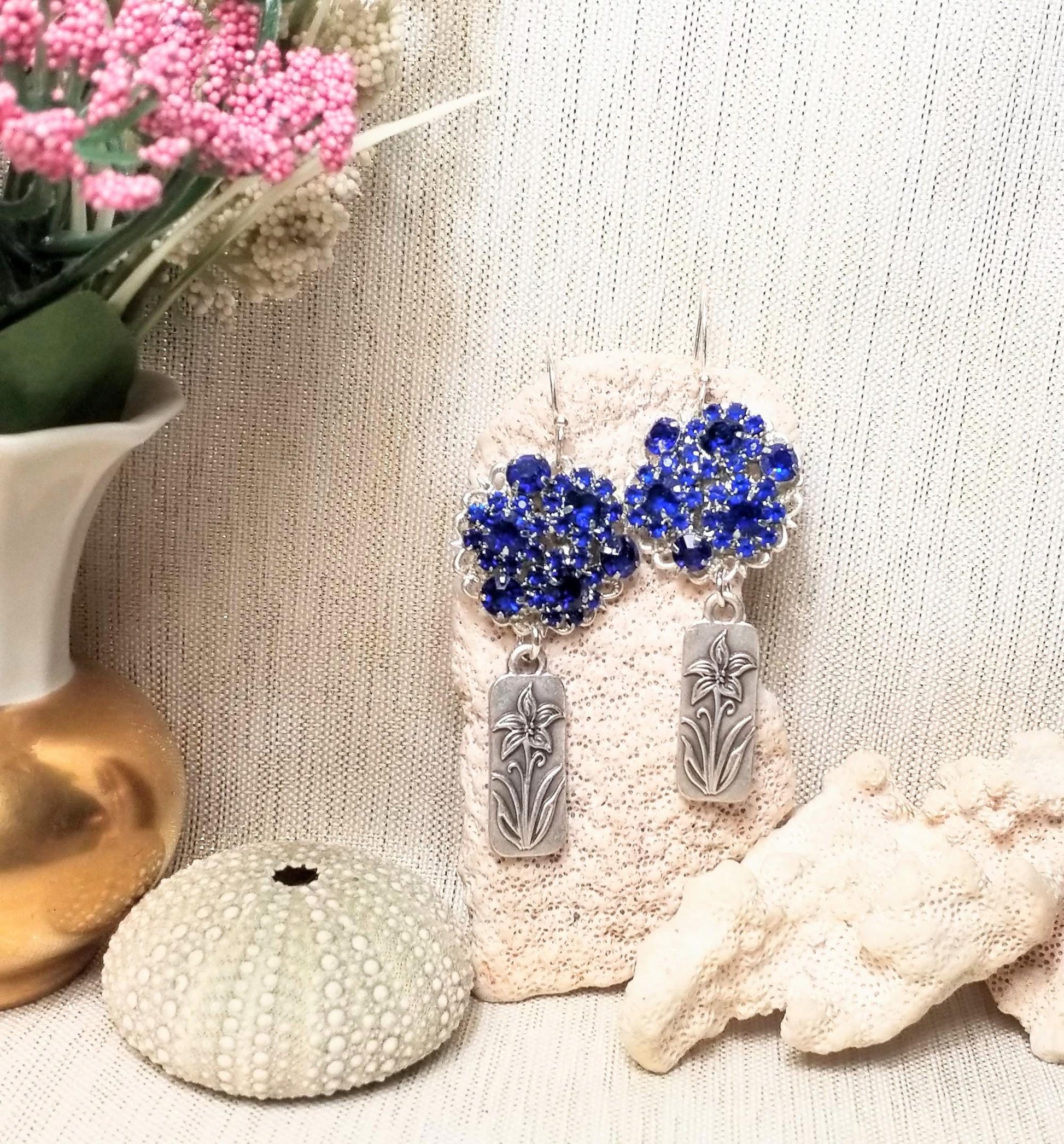 Handcrafted Royal Blue Rhinestone Earrings, Silver Plated Floral Jewelry