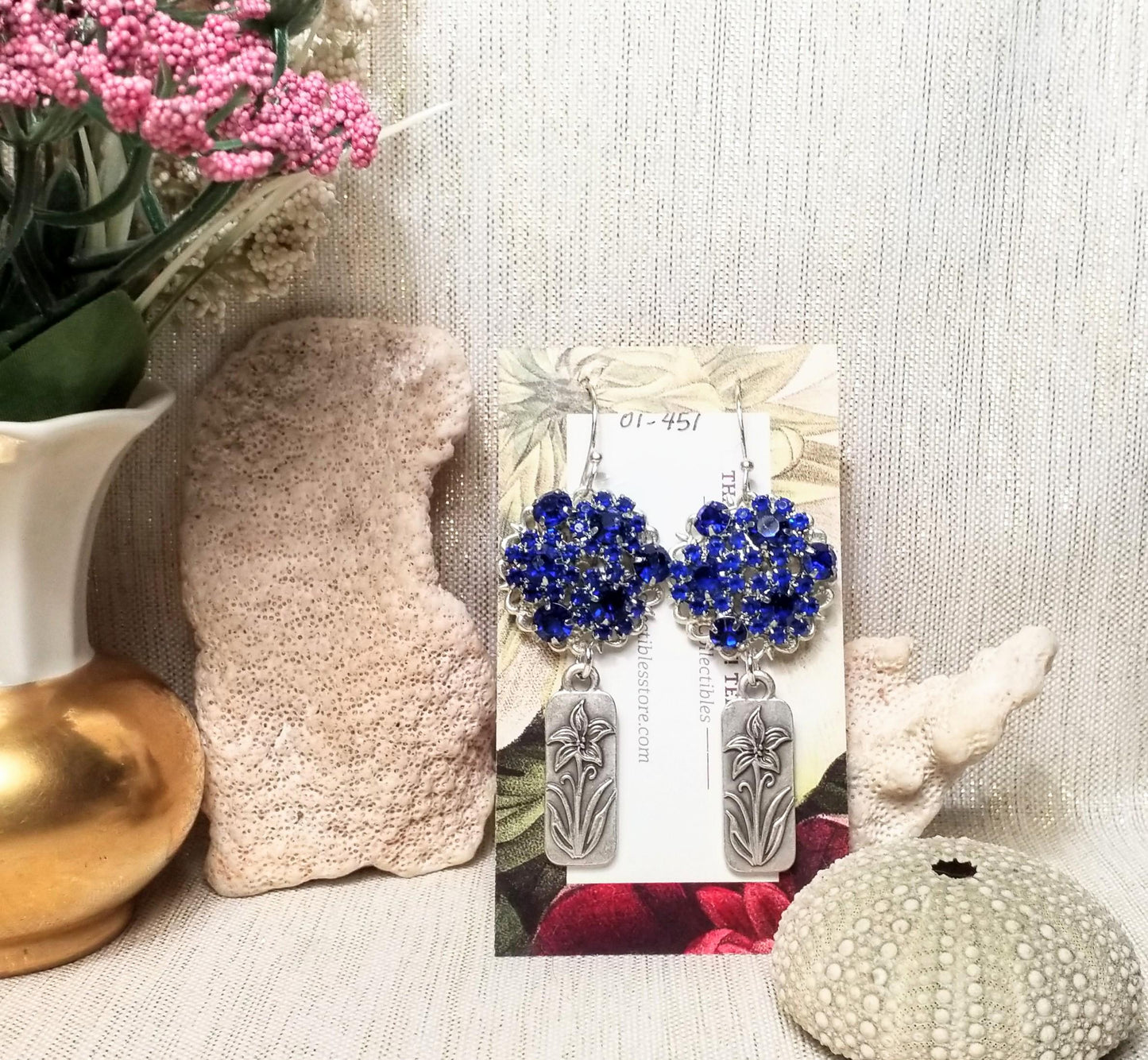 Handcrafted Royal Blue Rhinestone Earrings, Silver Plated Floral Jewelry