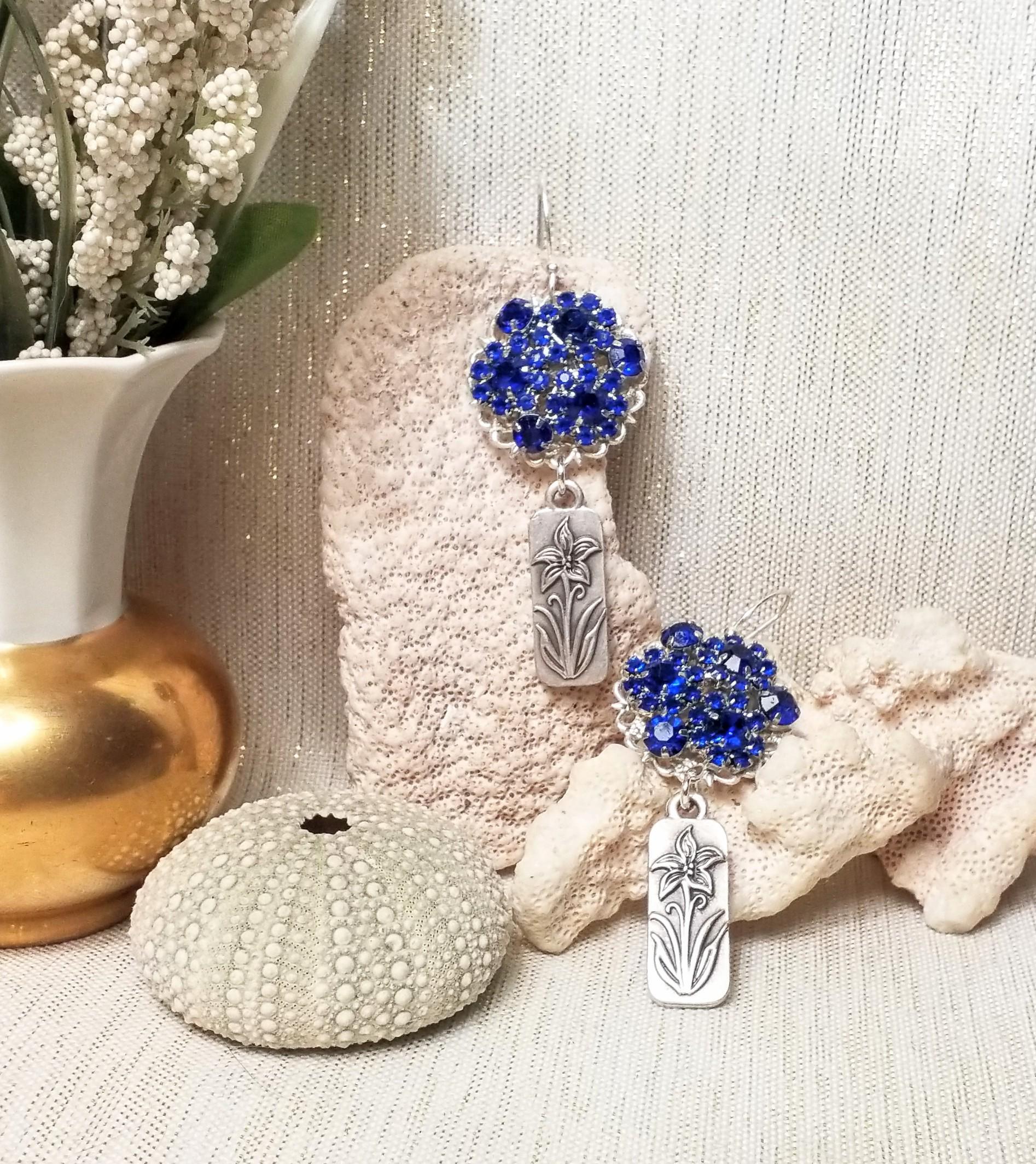 Handcrafted Royal Blue Rhinestone Earrings, Silver Plated Floral Jewelry