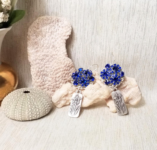 Handcrafted Royal Blue Rhinestone Earrings, Silver Plated Floral Jewelry