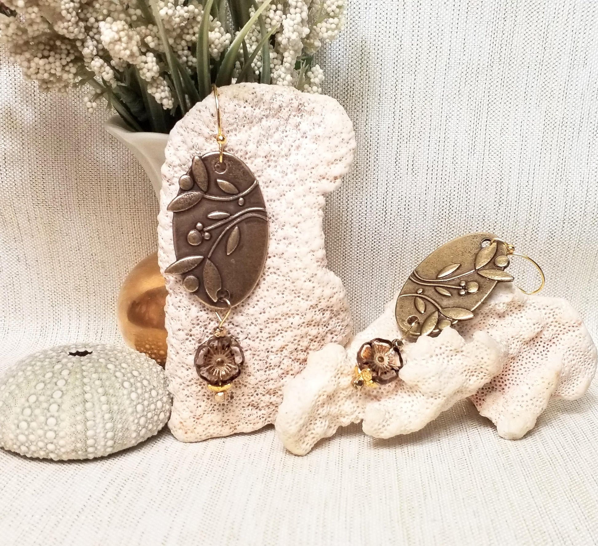 Bronze Floral Oval Earrings, Czech Glass Flower Beads