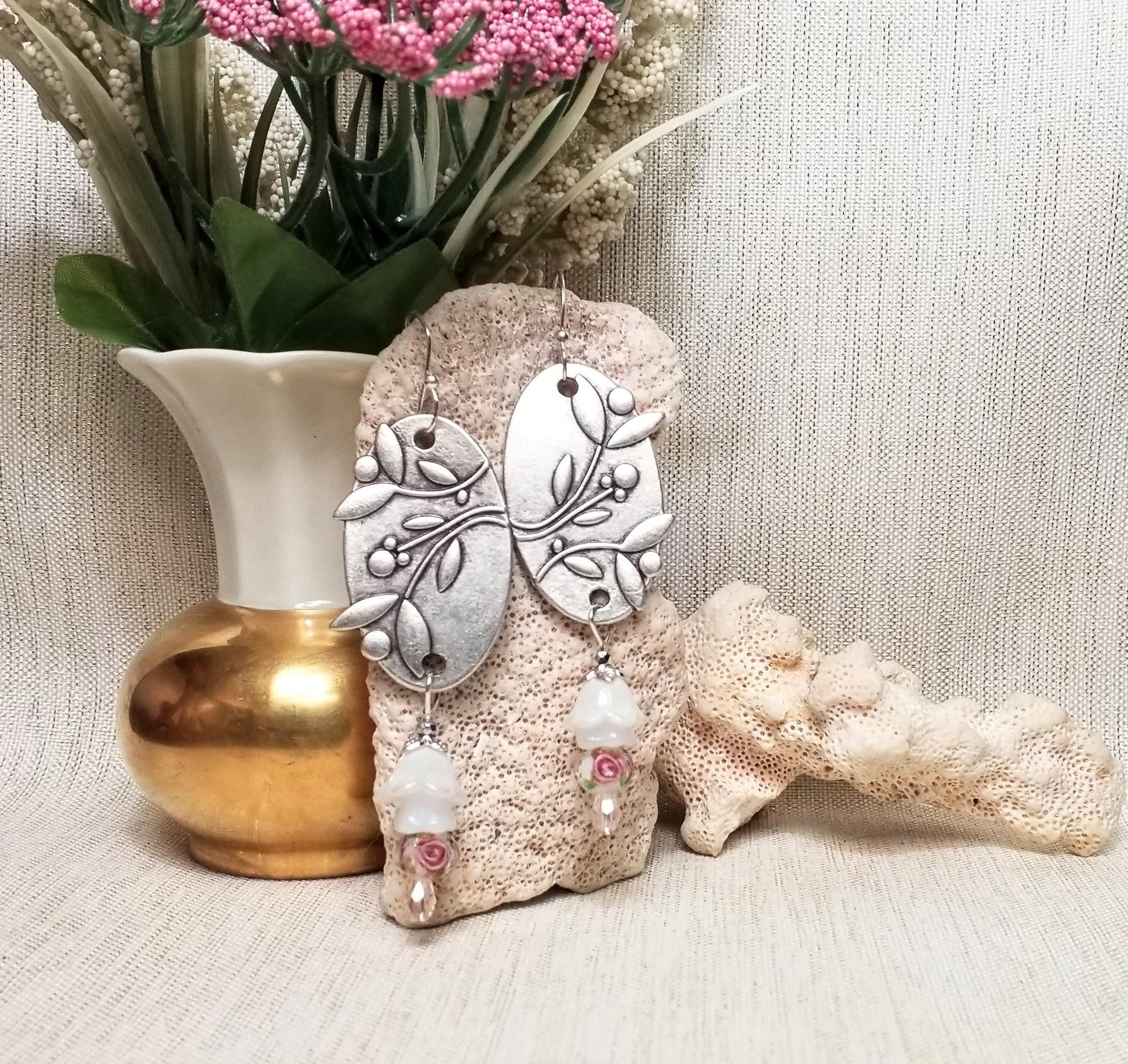 Handcrafted Floral Silverplated Earwires Earrings with Czech Glass Flowers