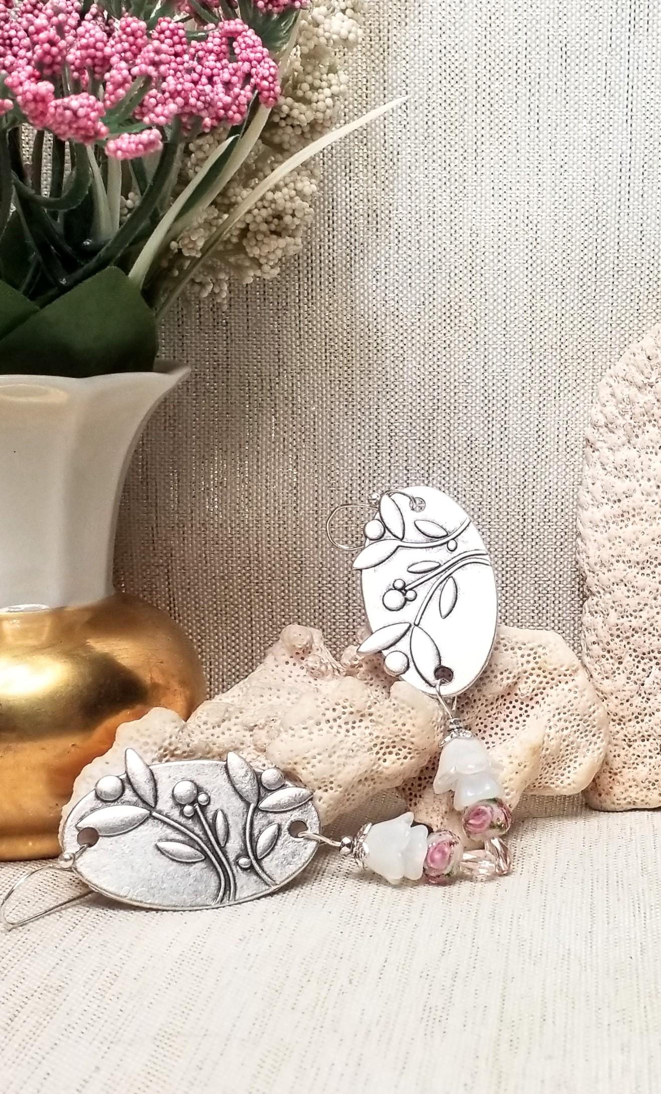 Handcrafted Floral Silverplated Earwires Earrings with Czech Glass Flowers