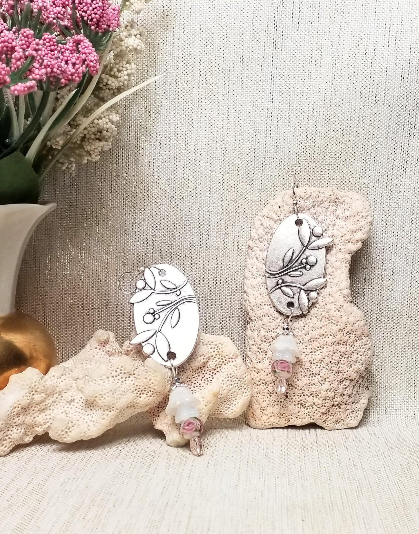 Handcrafted Floral Silverplated Earwires Earrings with Czech Glass Flowers