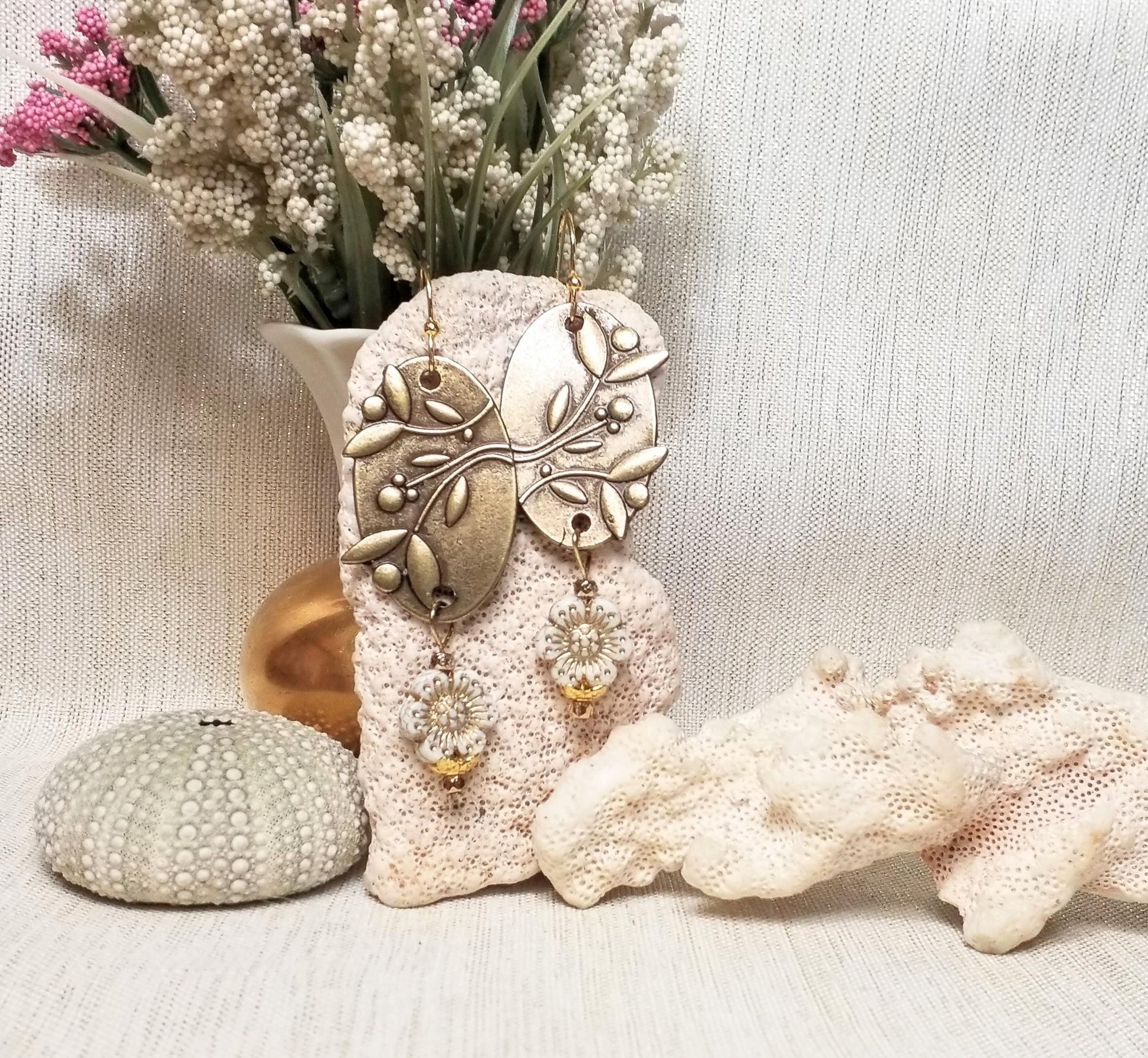 Handcrafted Bronze Floral Earrings, Czech Glass Flowers