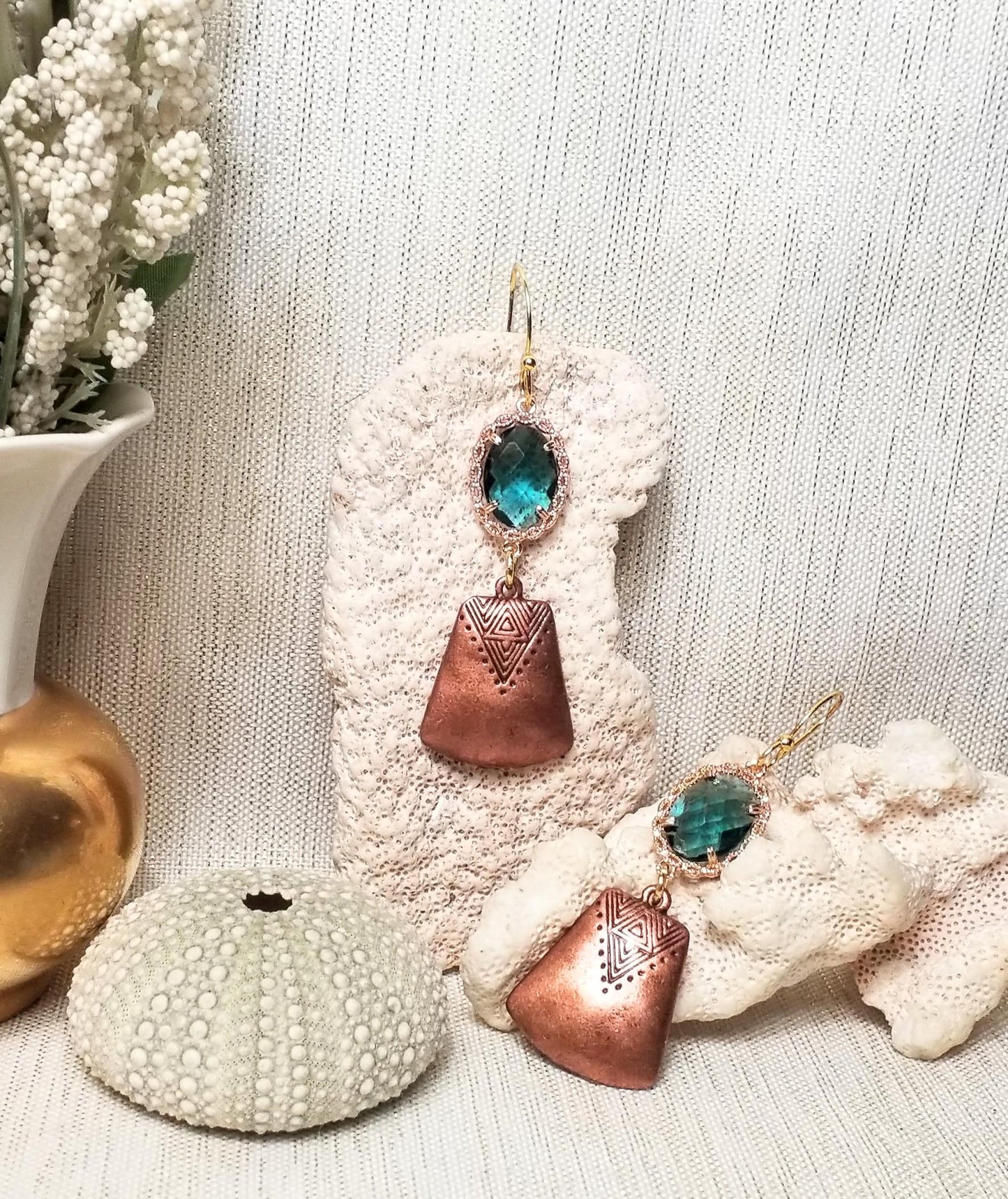 Handcrafted Copper Earrings: Teal Crystal, Elegant Design