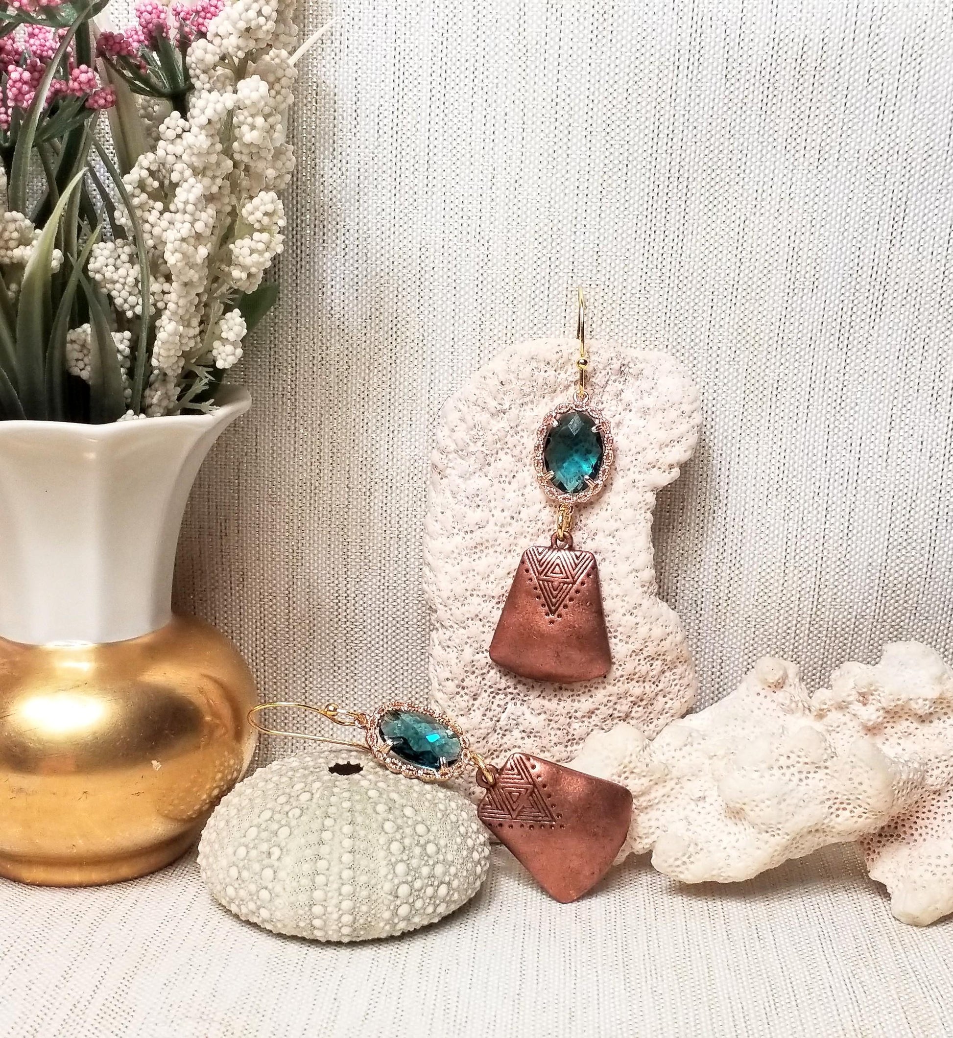 Handcrafted Copper Earrings: Teal Crystal, Elegant Design
