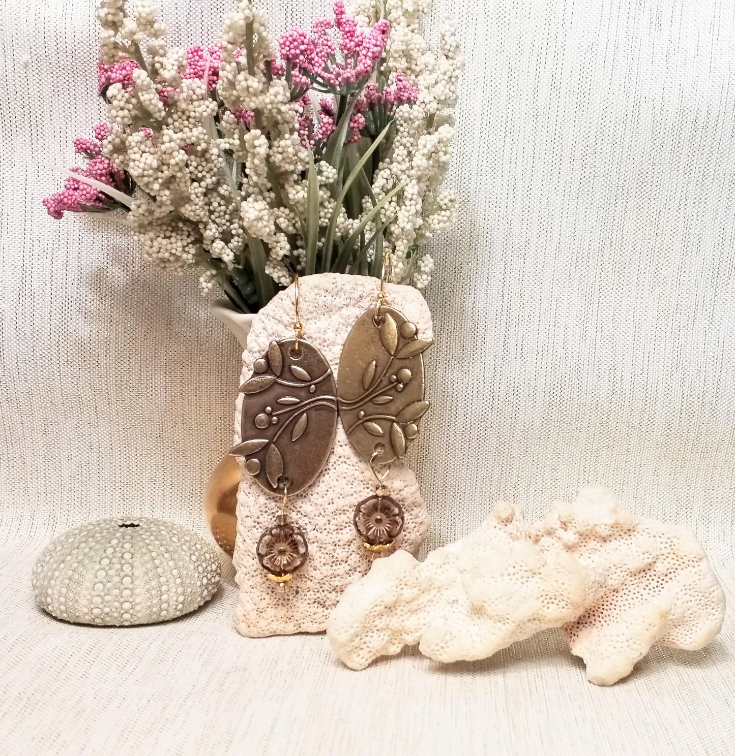 Bronze Floral Oval Earrings, Czech Glass Flower Beads