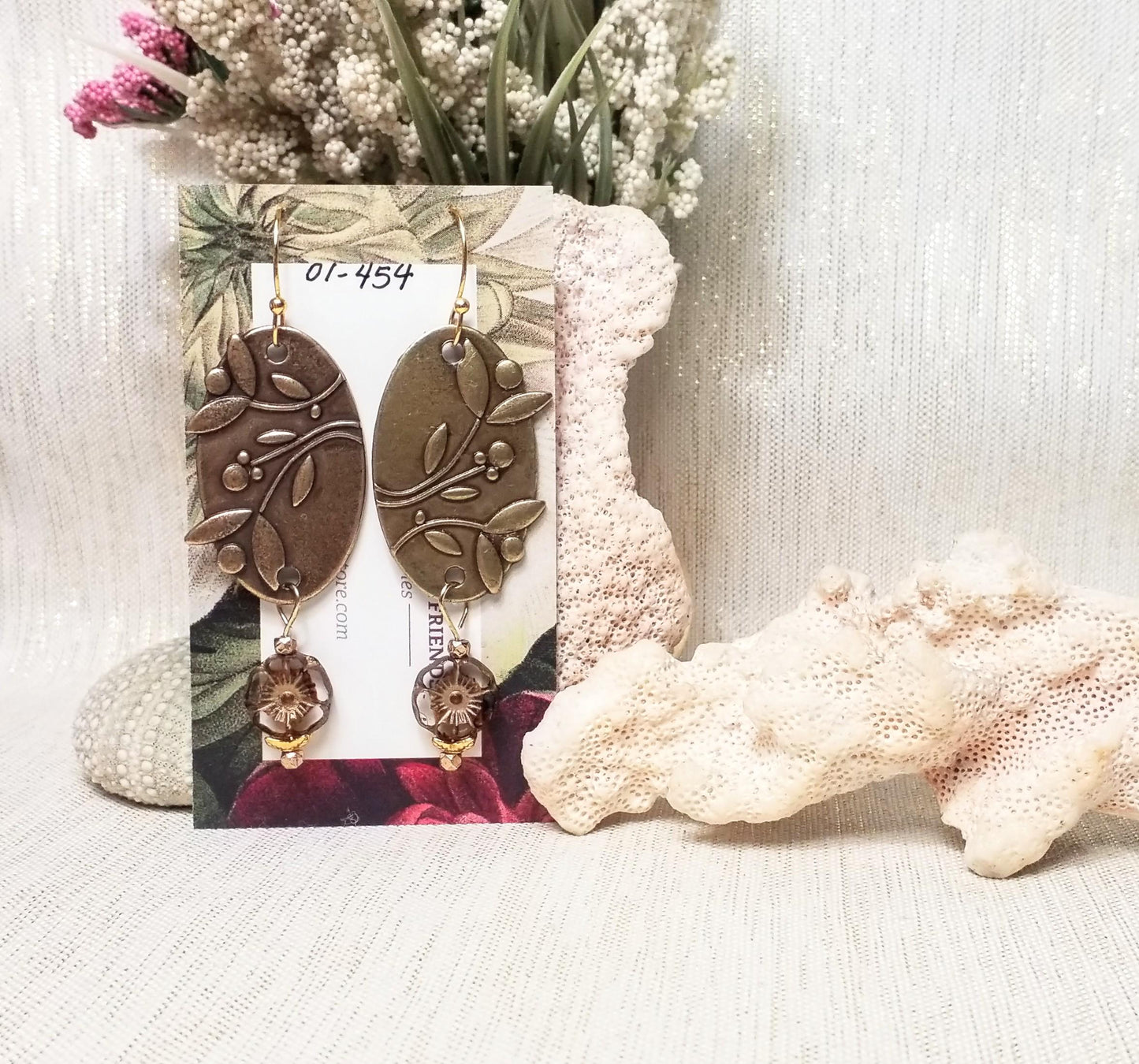 Bronze Floral Oval Earrings, Czech Glass Flower Beads