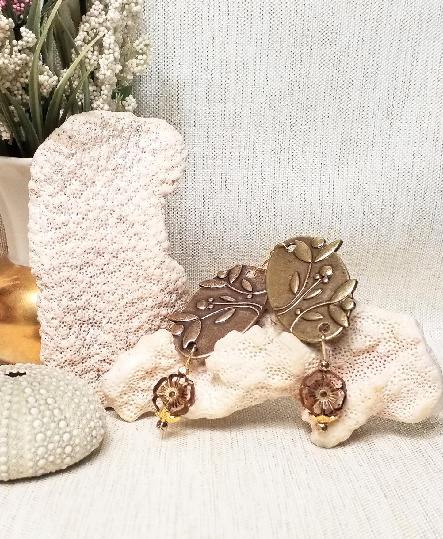 Bronze Floral Oval Earrings, Czech Glass Flower Beads