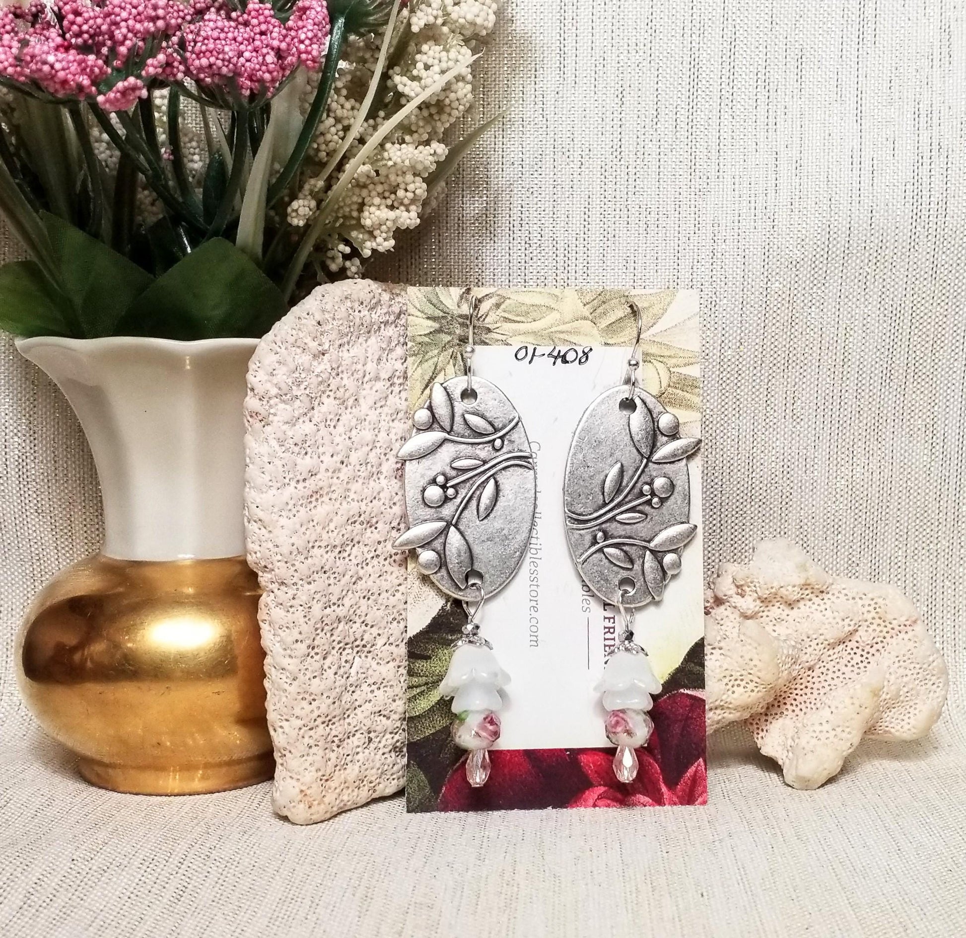 Handcrafted Floral Silverplated Earwires Earrings with Czech Glass Flowers