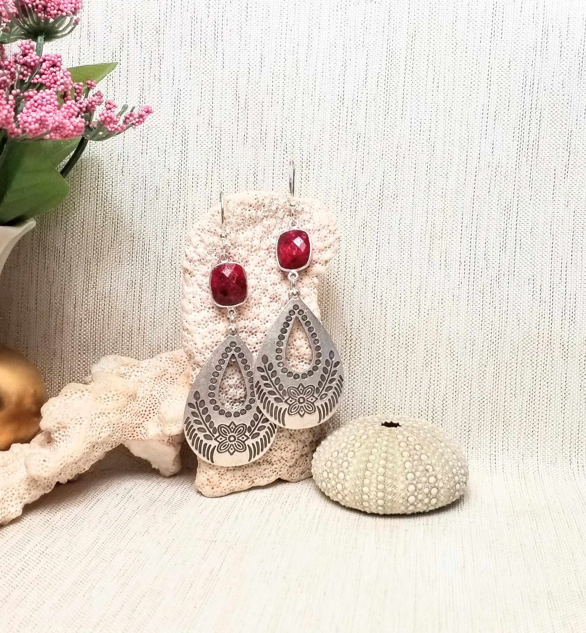 Handcrafted Ruby Teardrop Earrings, Silverplated Floral Charms