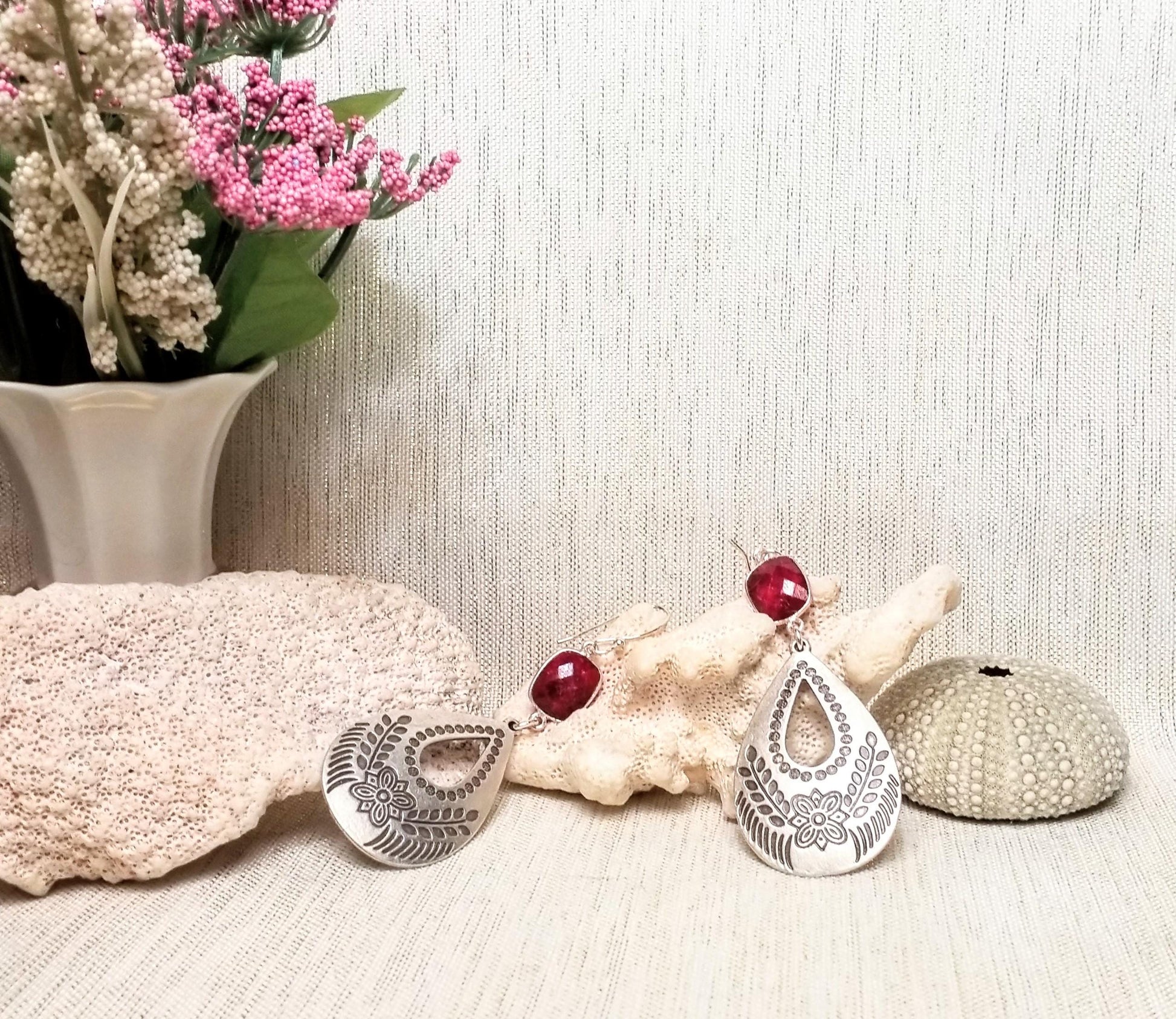 Handcrafted Ruby Teardrop Earrings, Silverplated Floral Charms