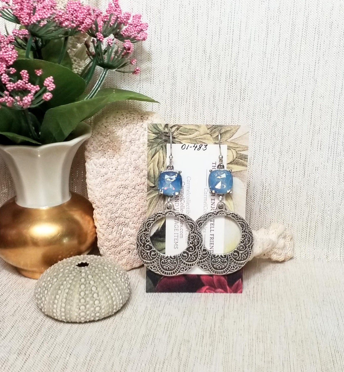 Handcrafted Rhinestone Dangle Earrings, Baby Blue Floral Silver Always FREE Domestic SHIPPING