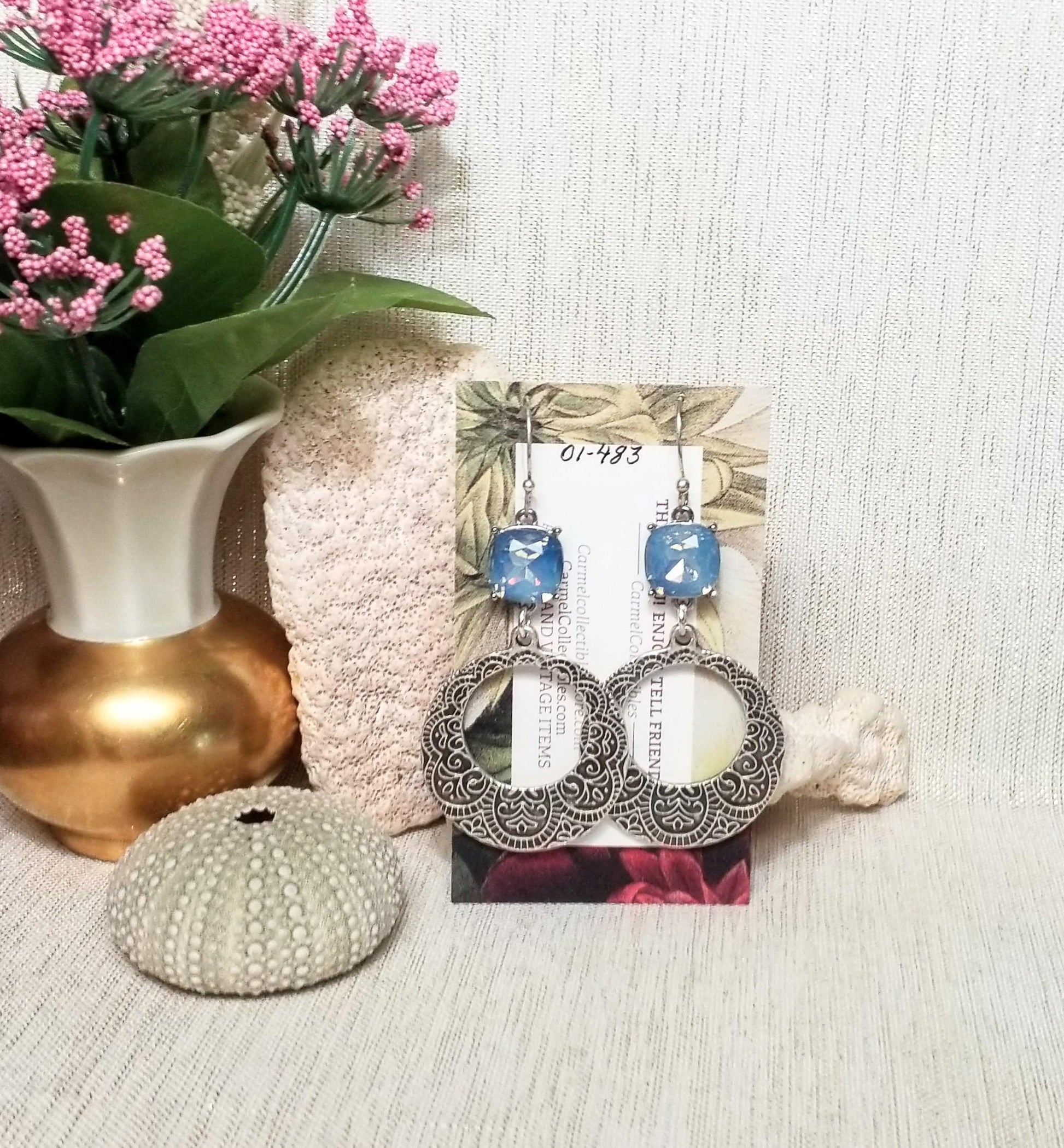 Handcrafted Rhinestone Dangle Earrings, Baby Blue Floral Silver Always FREE Domestic SHIPPING