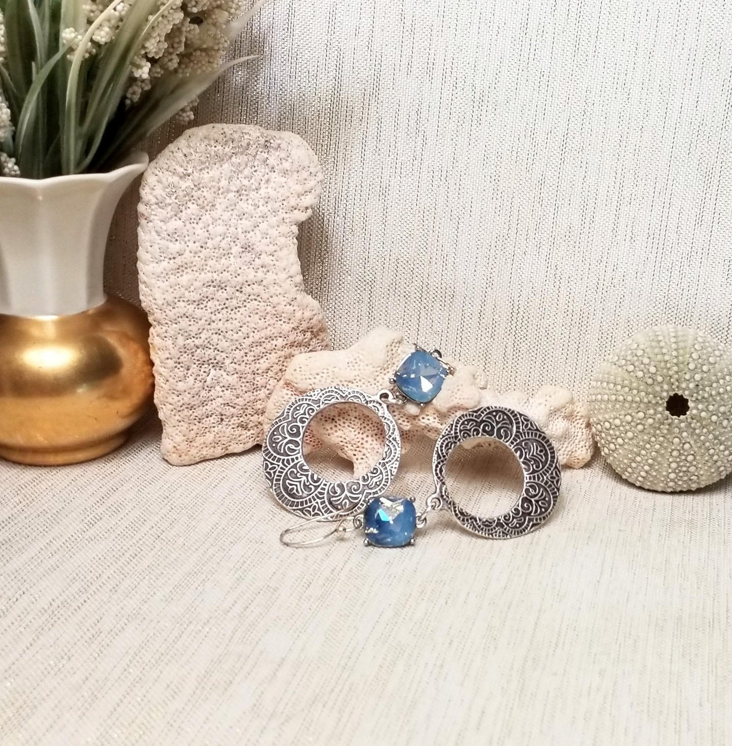 Handcrafted Rhinestone Dangle Earrings, Baby Blue Floral Silver Always FREE Domestic SHIPPING