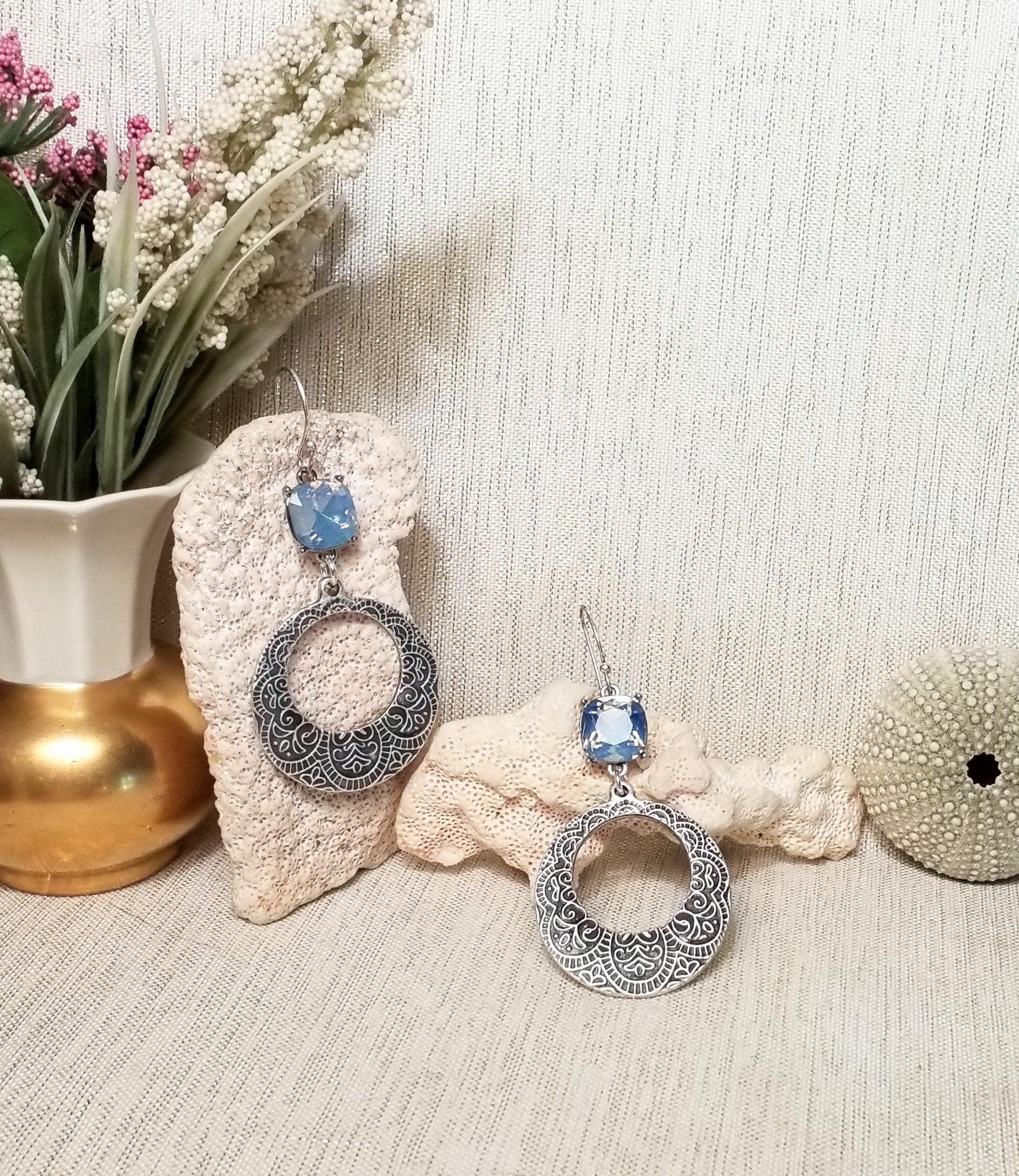 Handcrafted Rhinestone Dangle Earrings, Baby Blue Floral Silver Always FREE Domestic SHIPPING