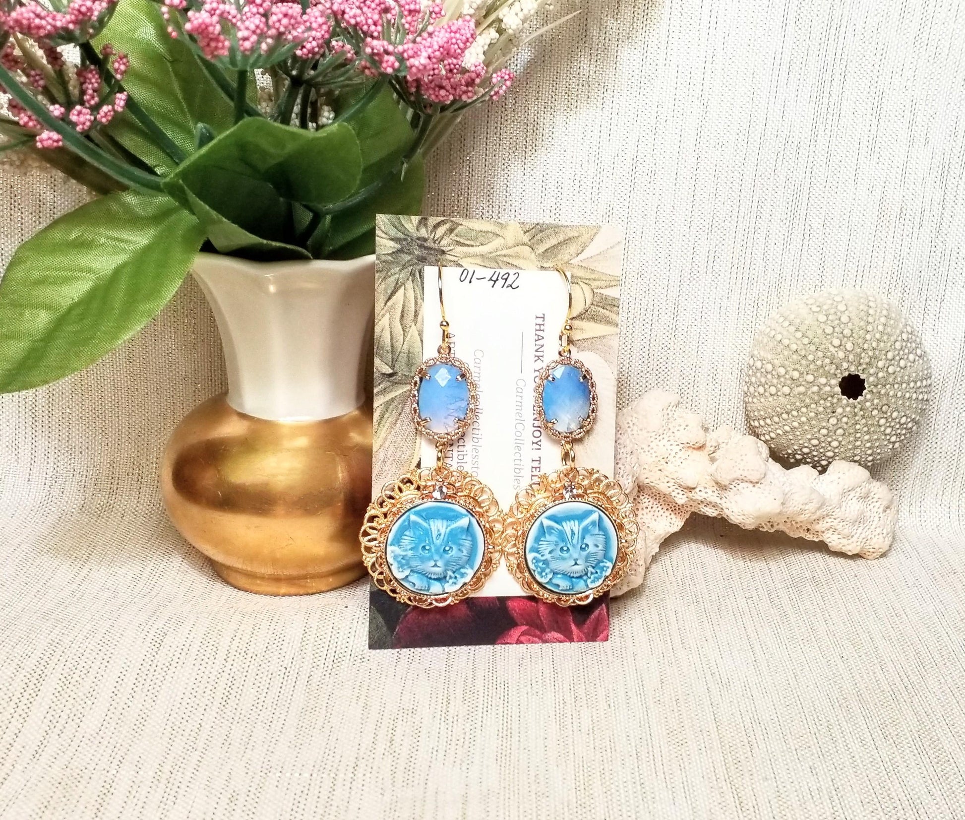 Handcrafted Kitten Earrings: Baby Blue Crystal, Goldplated Earwires Always FREE Domestic SHIPPING