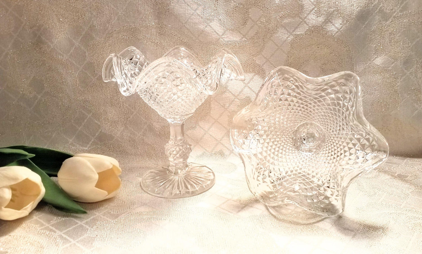 Vintage Ivima Glass Compote Diamond Point Ruffled Rim Portugal Always FREE Domestic SHIPPING