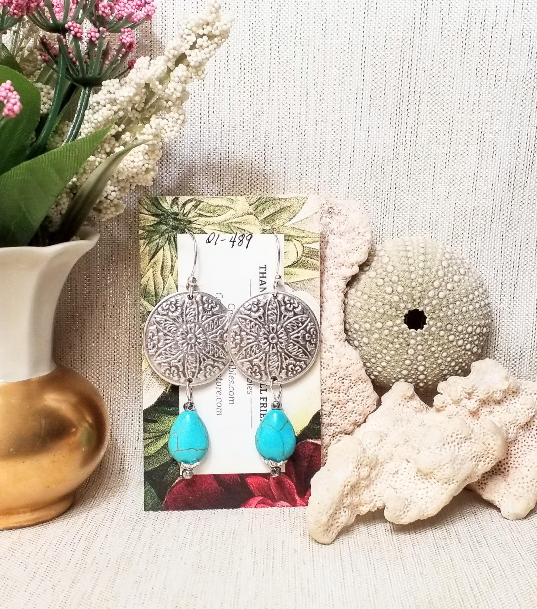 Handcrafted Turquoise Earrings, Silverplated Medallion French Earwires Always FREE Domestic SHIPPING