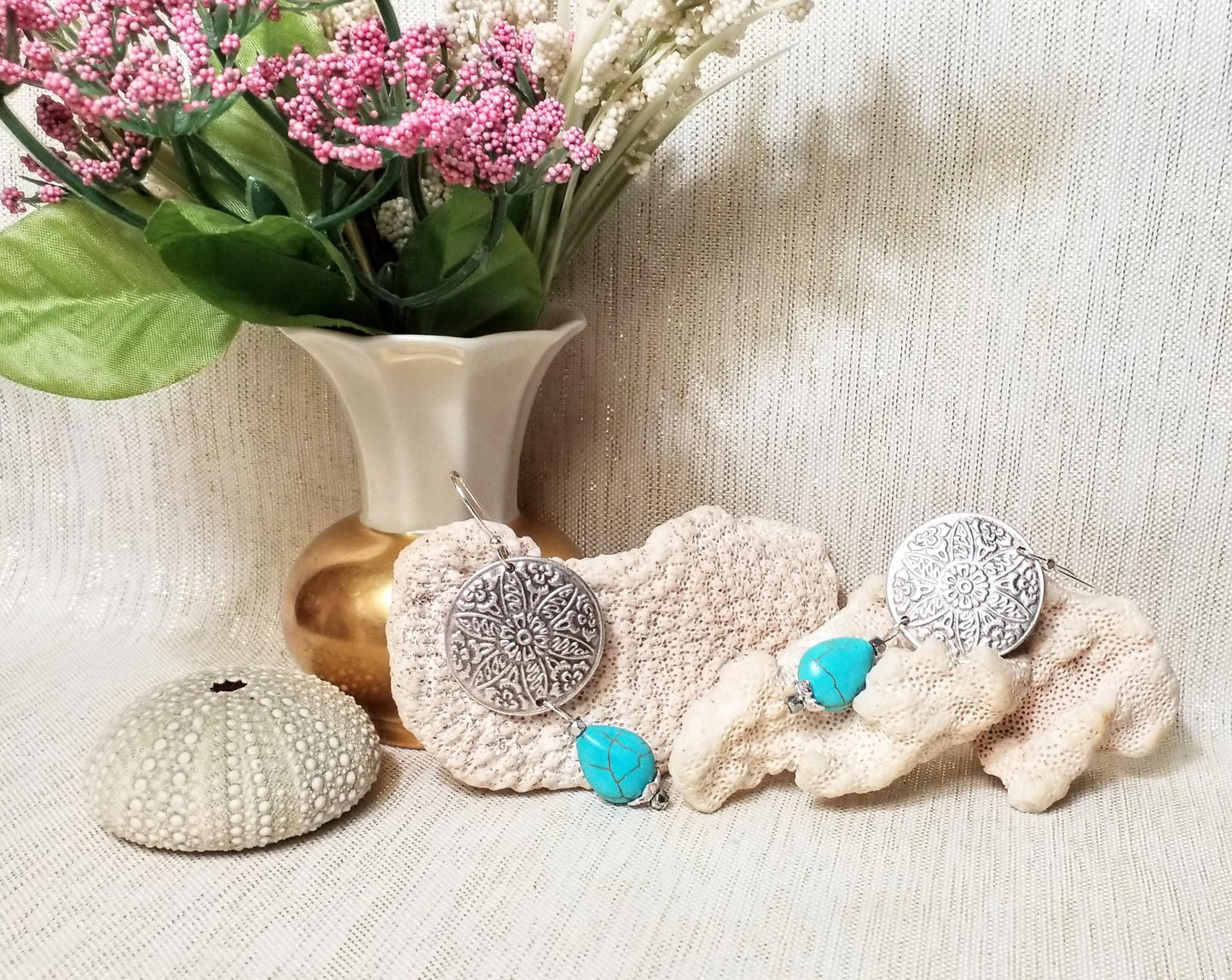 Handcrafted Turquoise Earrings, Silverplated Medallion French Earwires Always FREE Domestic SHIPPING