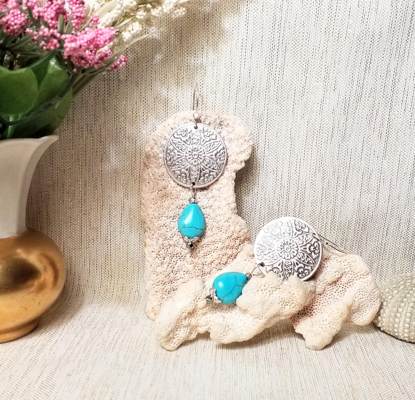 Handcrafted Turquoise Earrings, Silverplated Medallion French Earwires Always FREE Domestic SHIPPING