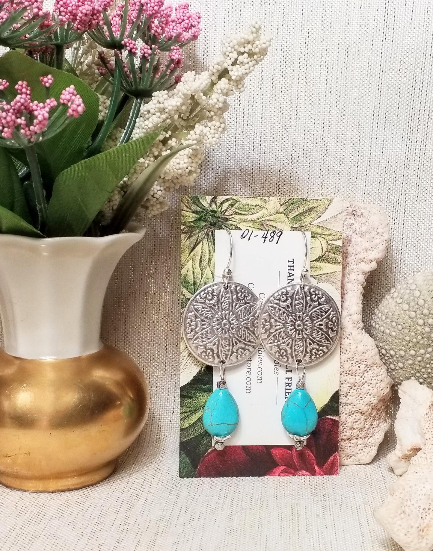 Handcrafted Turquoise Earrings, Silverplated Medallion French Earwires Always FREE Domestic SHIPPING