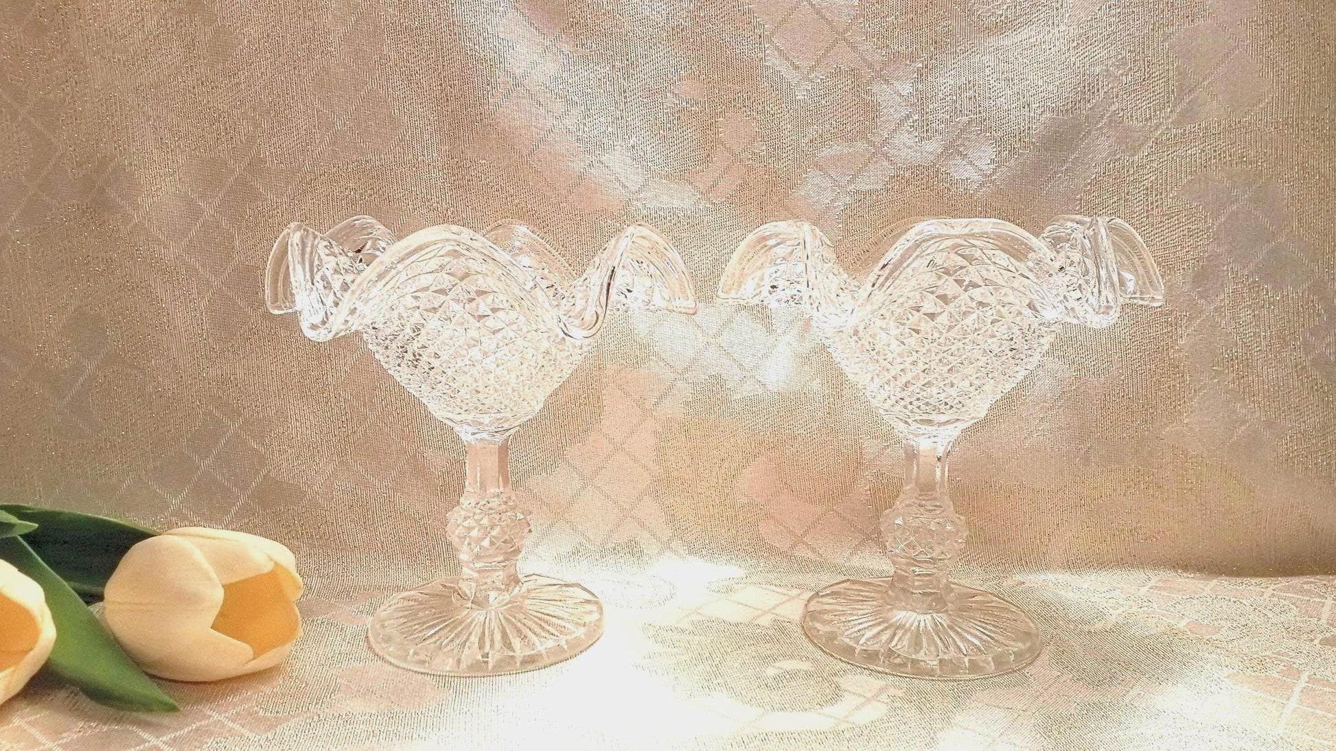 Vintage Ivima Glass Compote Diamond Point Ruffled Rim Portugal Always FREE Domestic SHIPPING