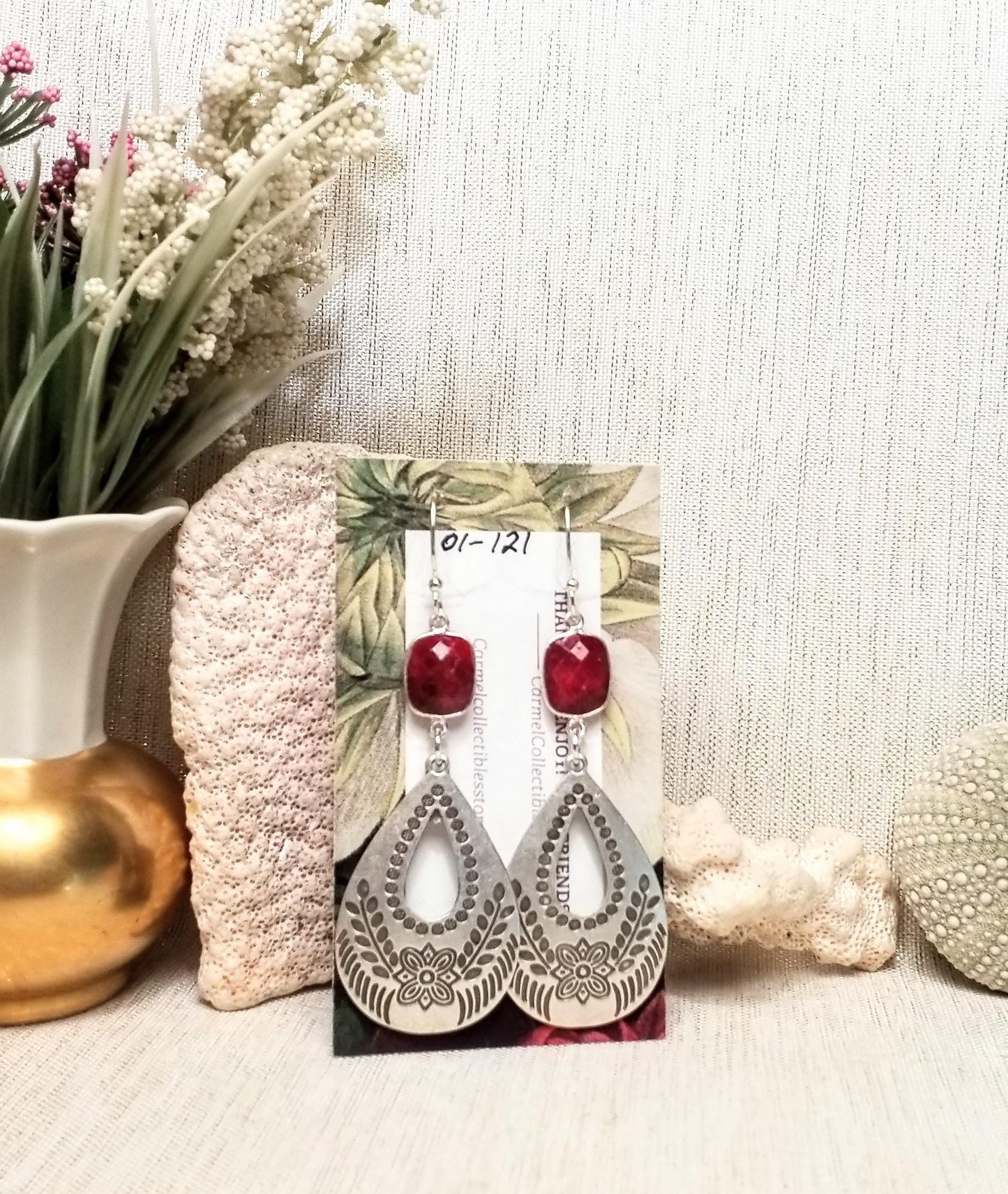 Handcrafted Ruby Teardrop Earrings, Silverplated Floral Charms