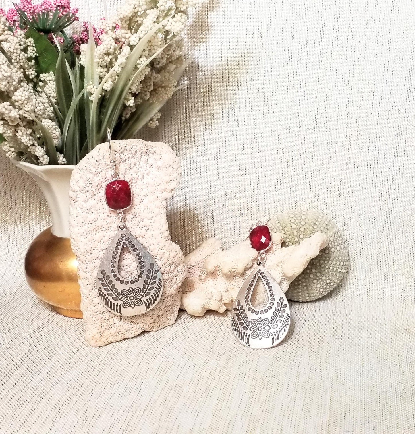Handcrafted Ruby Teardrop Earrings, Silverplated Floral Charms