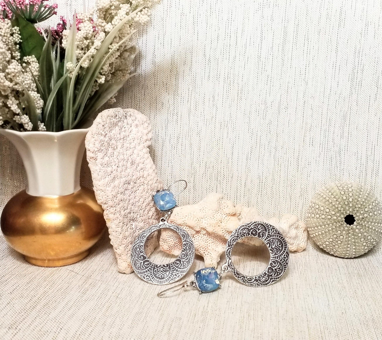 Handcrafted Rhinestone Dangle Earrings, Baby Blue Floral Silver Always FREE Domestic SHIPPING