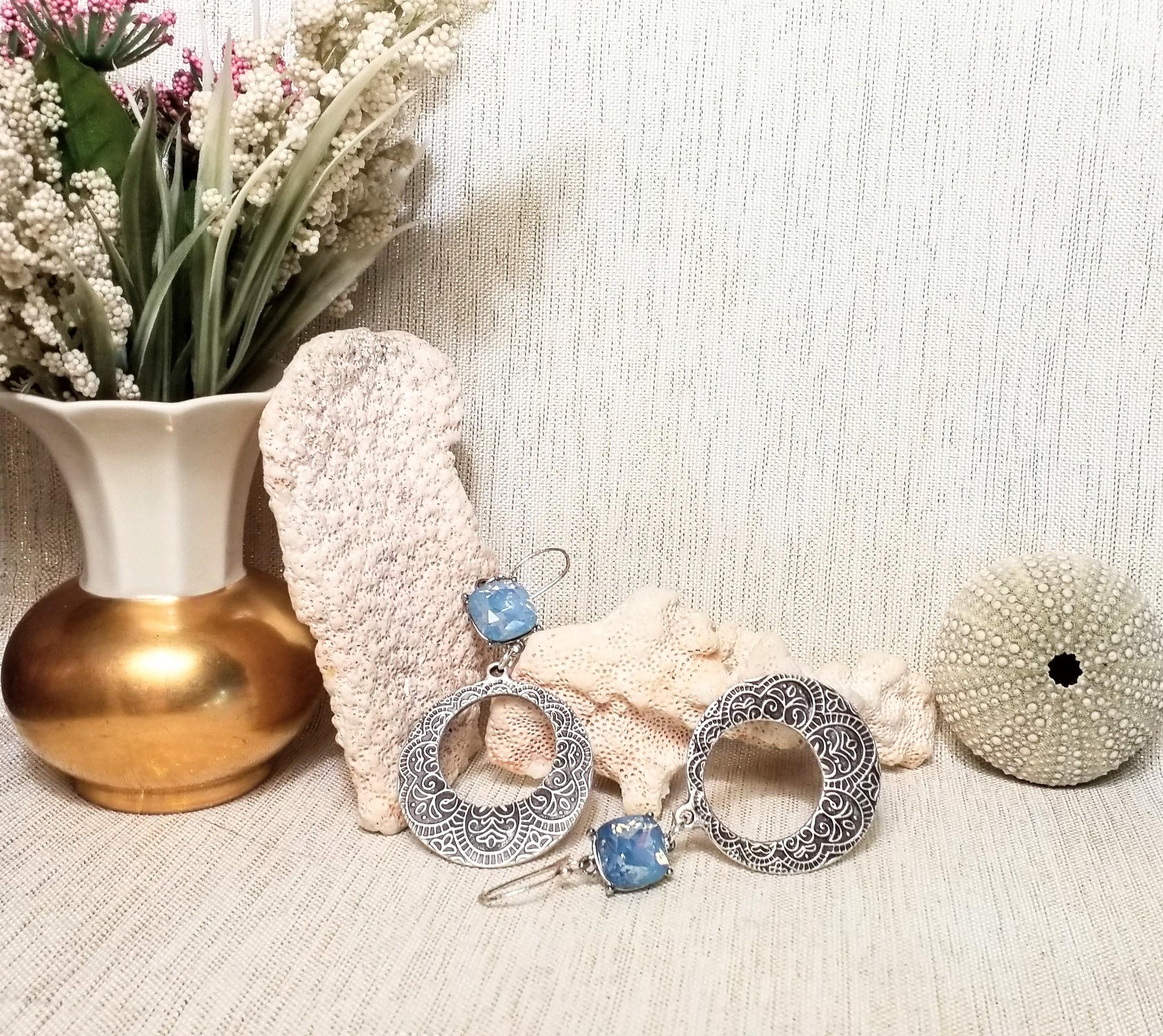 Handcrafted Rhinestone Dangle Earrings, Baby Blue Floral Silver Always FREE Domestic SHIPPING