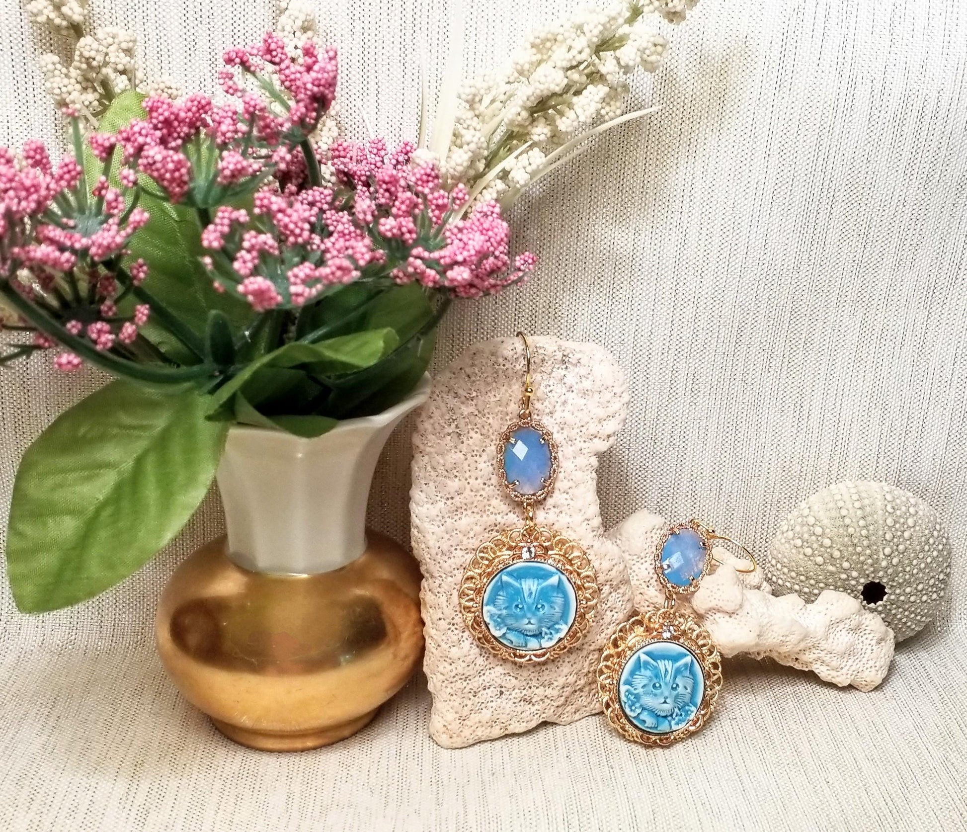 Handcrafted Kitten Earrings: Baby Blue Crystal, Goldplated Earwires Always FREE Domestic SHIPPING