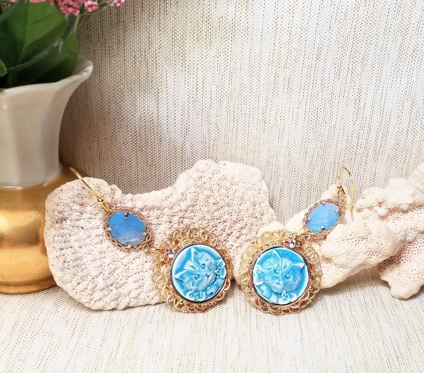 Handcrafted Kitten Earrings: Baby Blue Crystal, Goldplated Earwires Always FREE Domestic SHIPPING