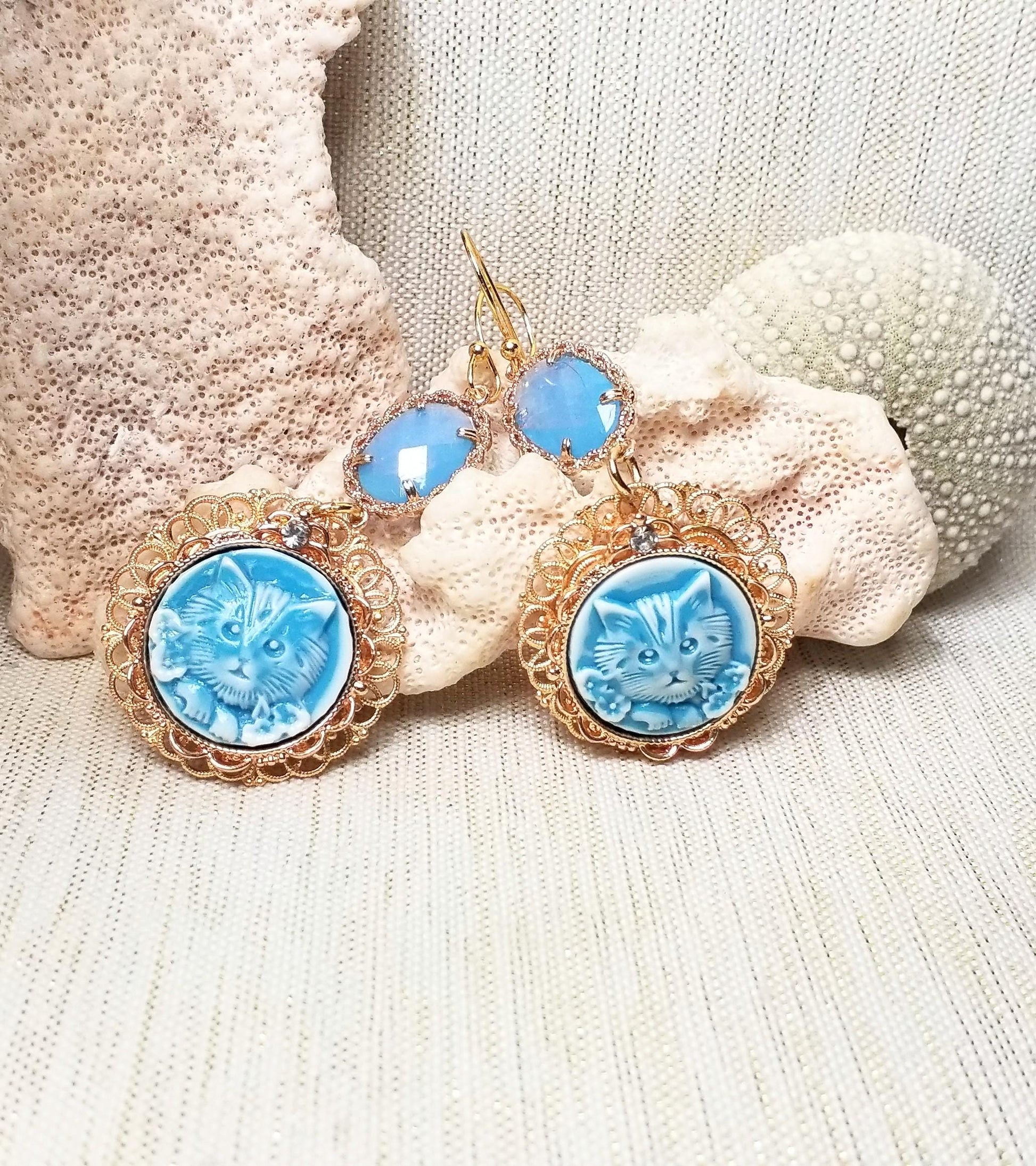 Handcrafted Kitten Earrings: Baby Blue Crystal, Goldplated Earwires Always FREE Domestic SHIPPING