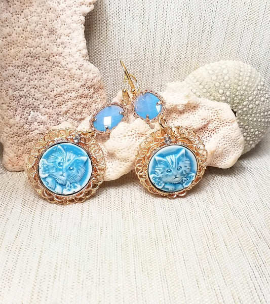 Handcrafted Kitten Earrings: Baby Blue Crystal, Goldplated Earwires Always FREE Domestic SHIPPING