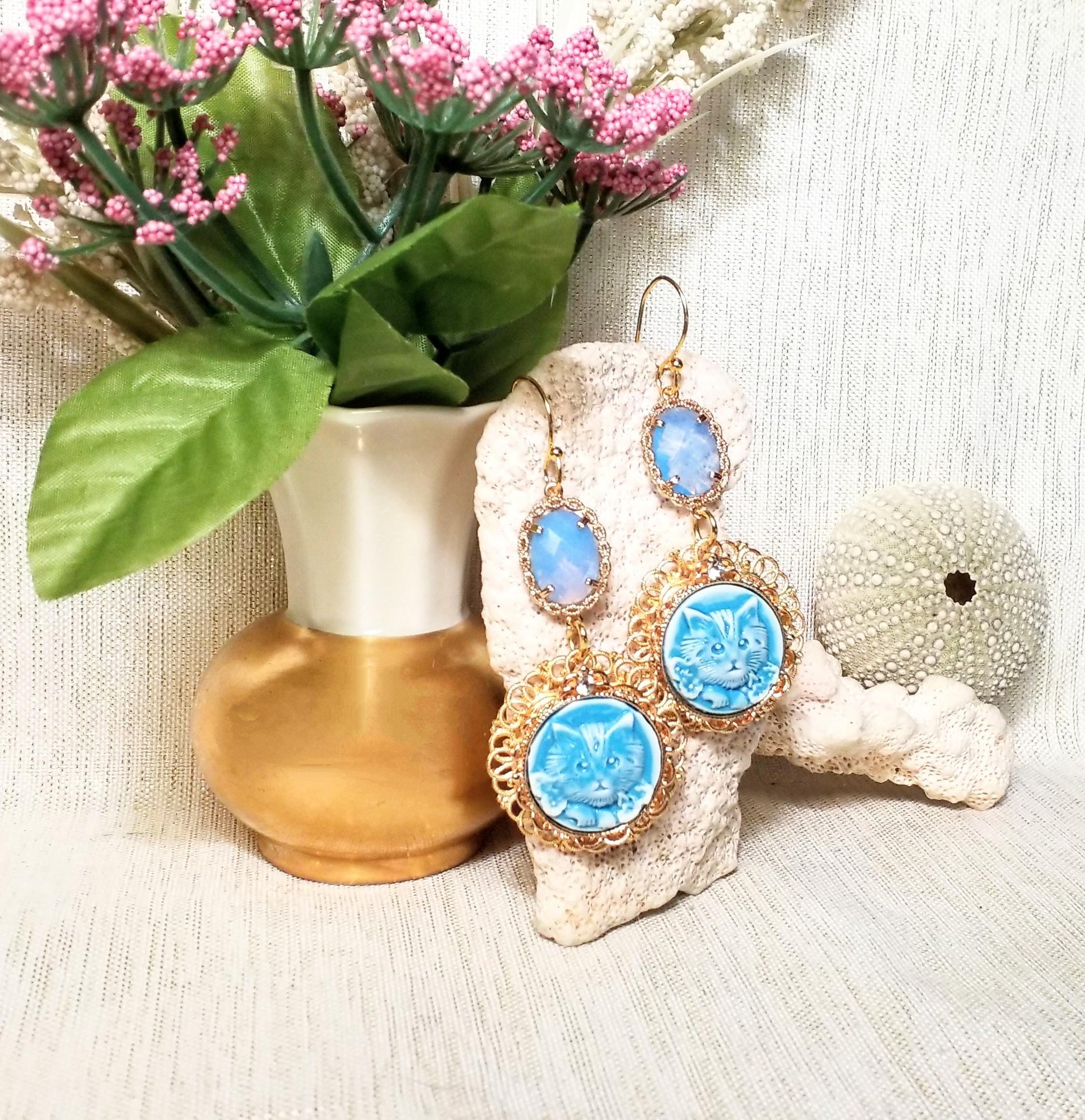 Handcrafted Kitten Earrings: Baby Blue Crystal, Goldplated Earwires Always FREE Domestic SHIPPING