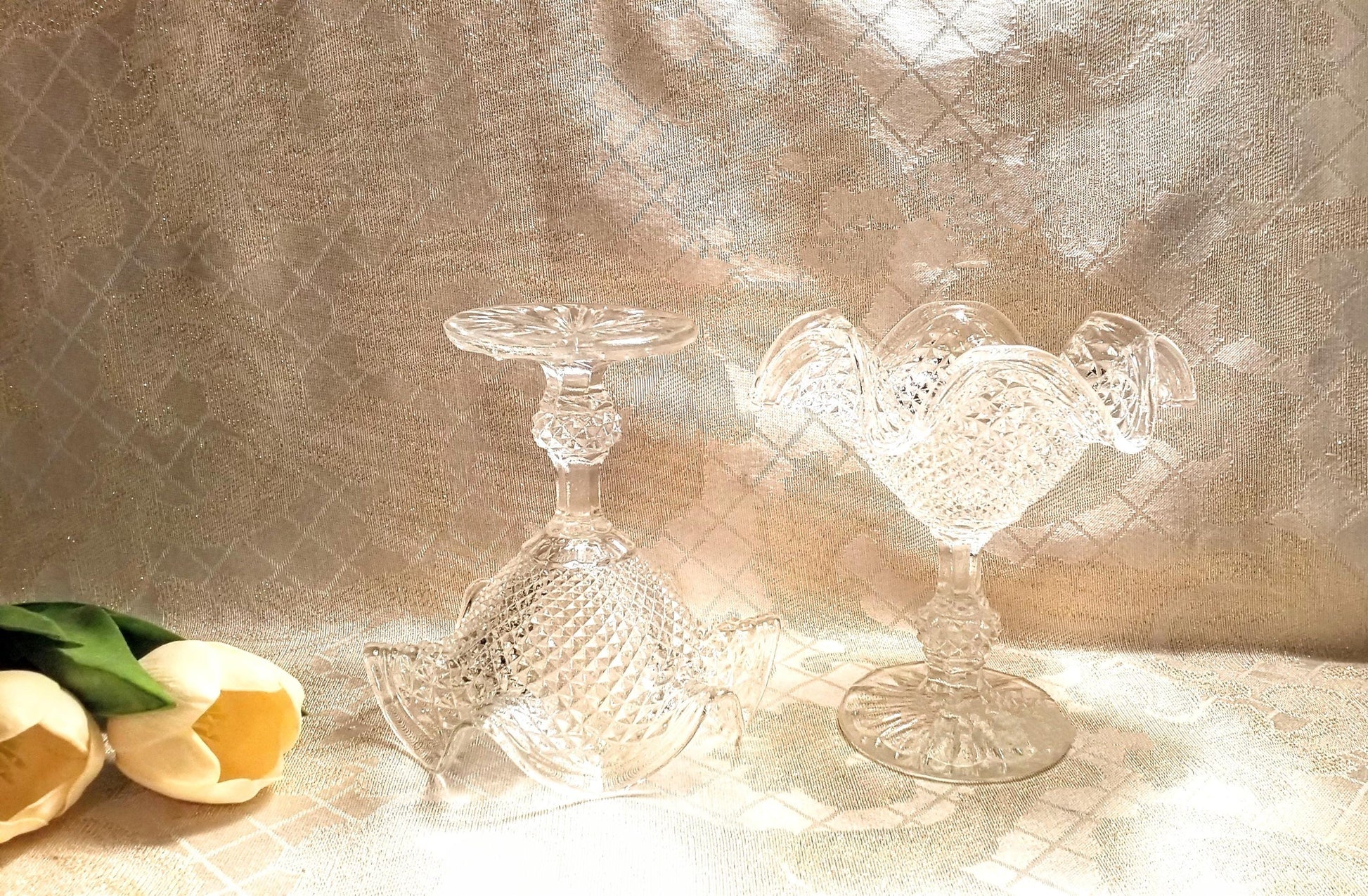 Vintage Ivima Glass Compote Diamond Point Ruffled Rim Portugal Always FREE Domestic SHIPPING