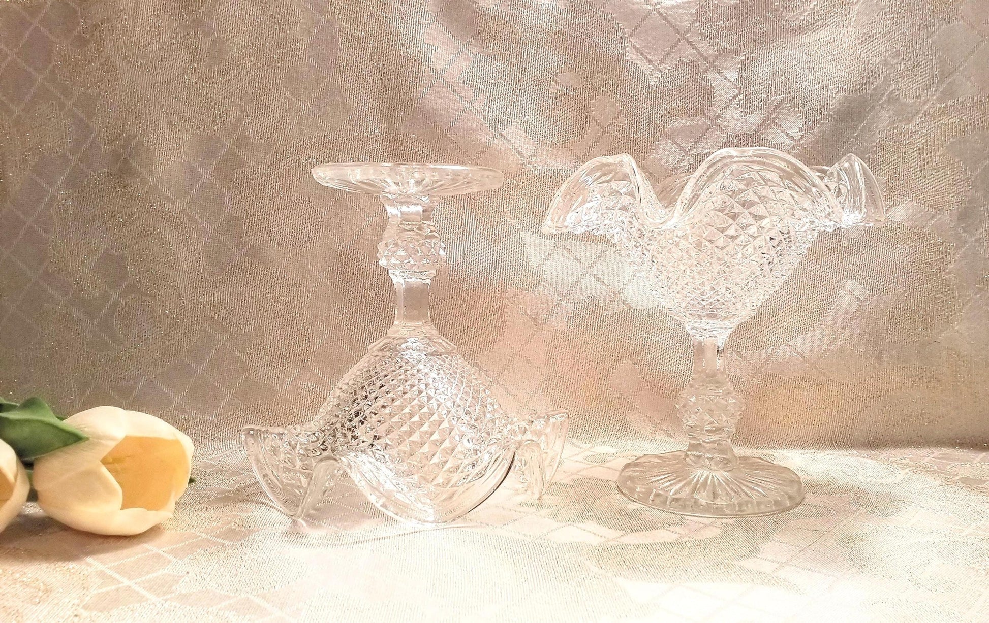 Vintage Ivima Glass Compote Diamond Point Ruffled Rim Portugal Always FREE Domestic SHIPPING