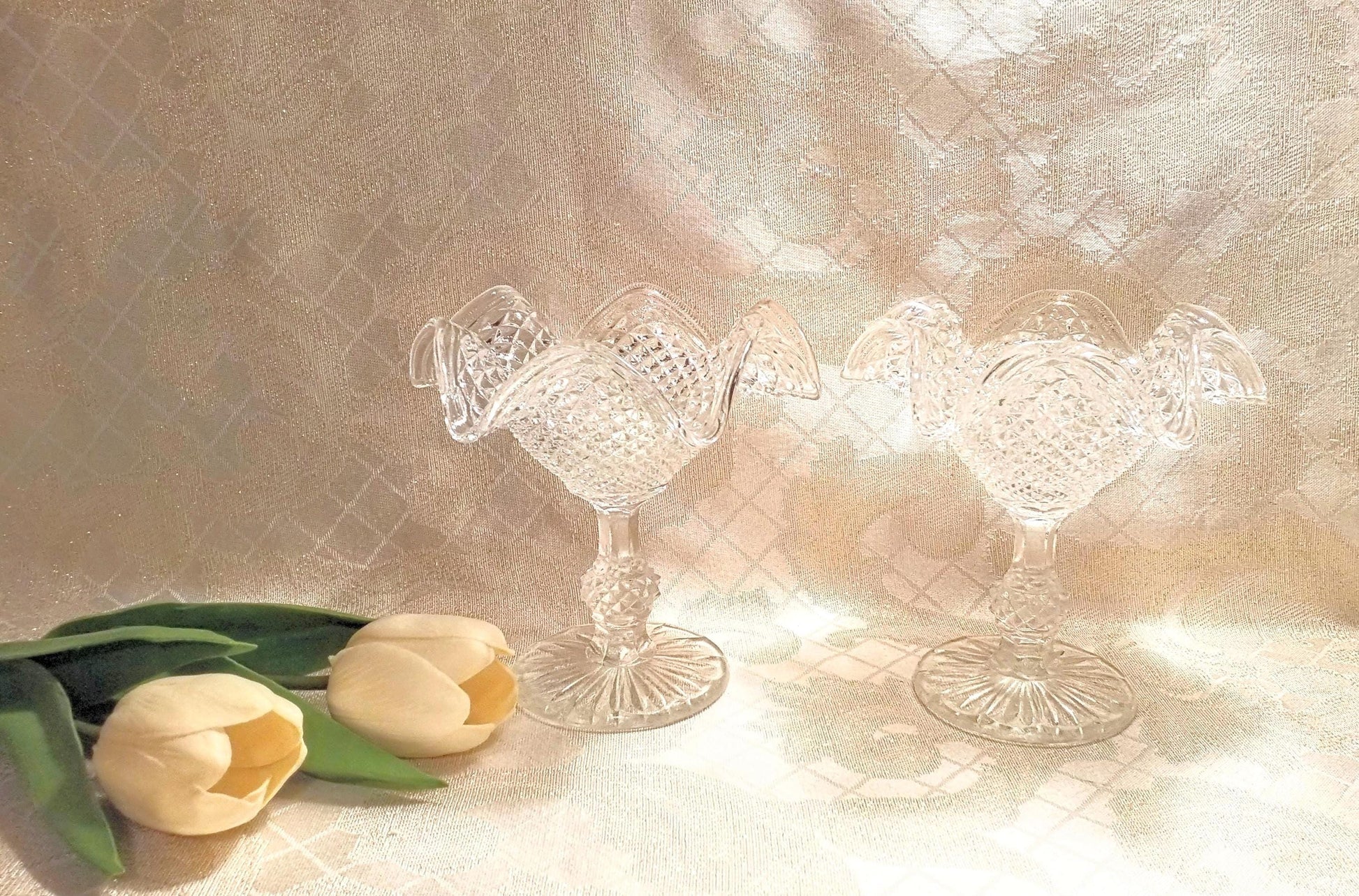 Vintage Ivima Glass Compote Diamond Point Ruffled Rim Portugal Always FREE Domestic SHIPPING