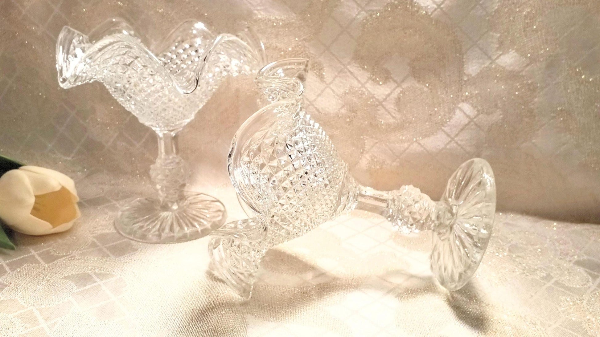 Vintage Ivima Glass Compote Diamond Point Ruffled Rim Portugal Always FREE Domestic SHIPPING