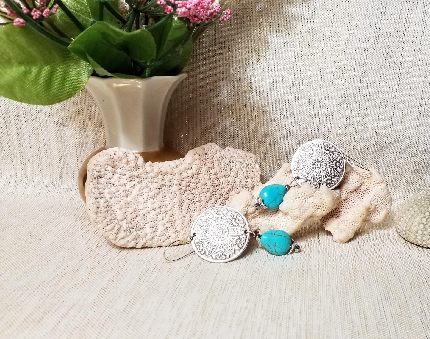 Handcrafted Turquoise Earrings, Silverplated Medallion French Earwires Always FREE Domestic SHIPPING